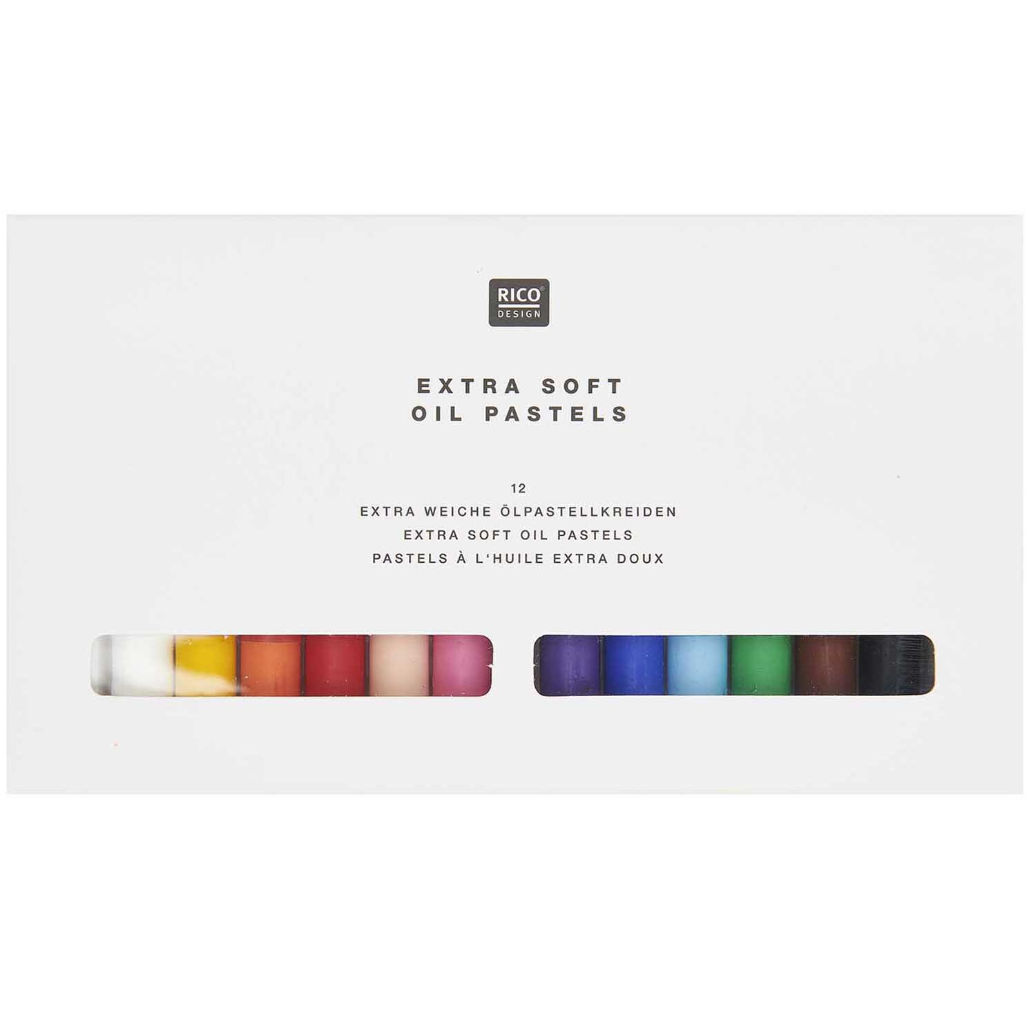 Ölpastellkreide 12 Farben von Rico Design in einer weißen Verpackung mit sichtbaren bunten Kreiden.