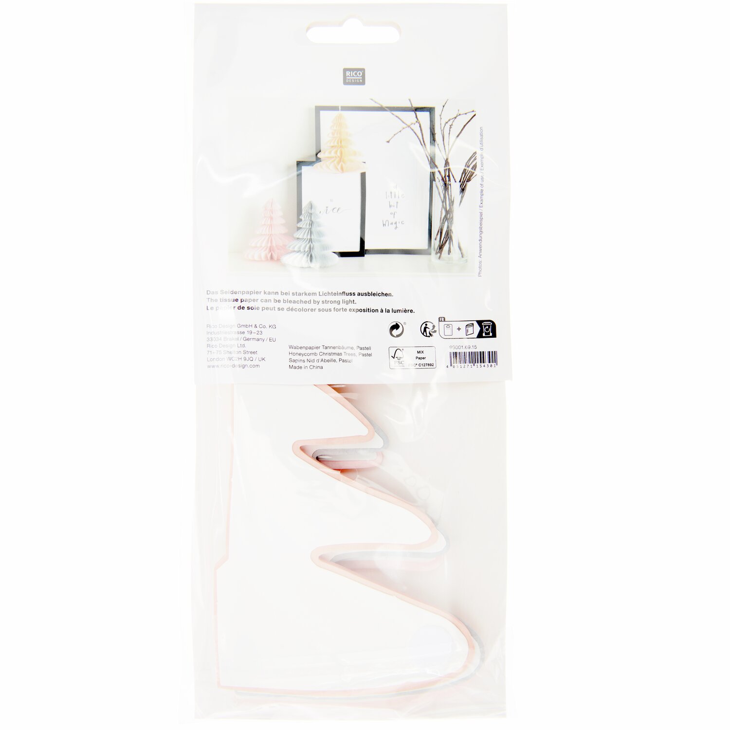 Wabenpapier Tannenbäume 20cm 3 Stück in Pastellfarben von Rico Design, ideal für festliche Dekorationen.