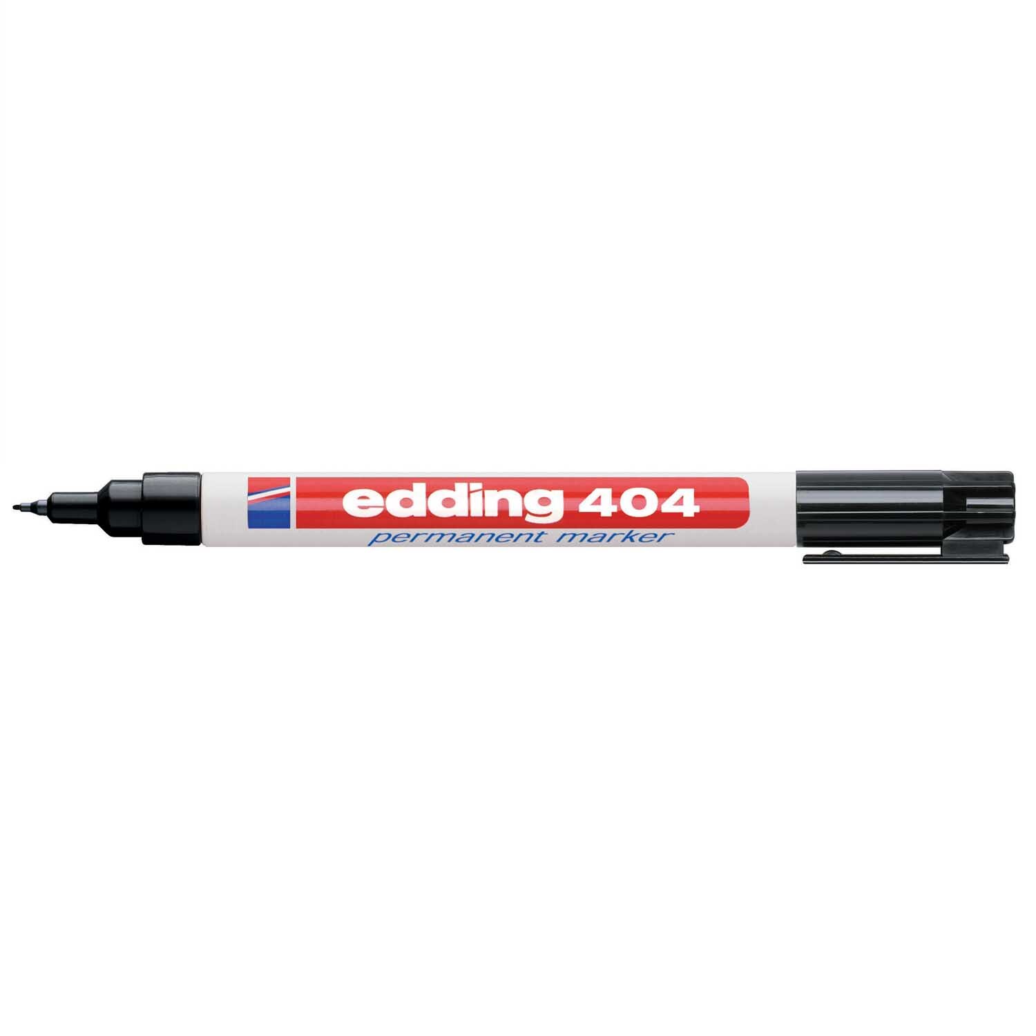 404 Permanentmarker mit feiner Spitze, ideal für präzises Schreiben. Der Marker ist schwarz und von der Marke edding.
