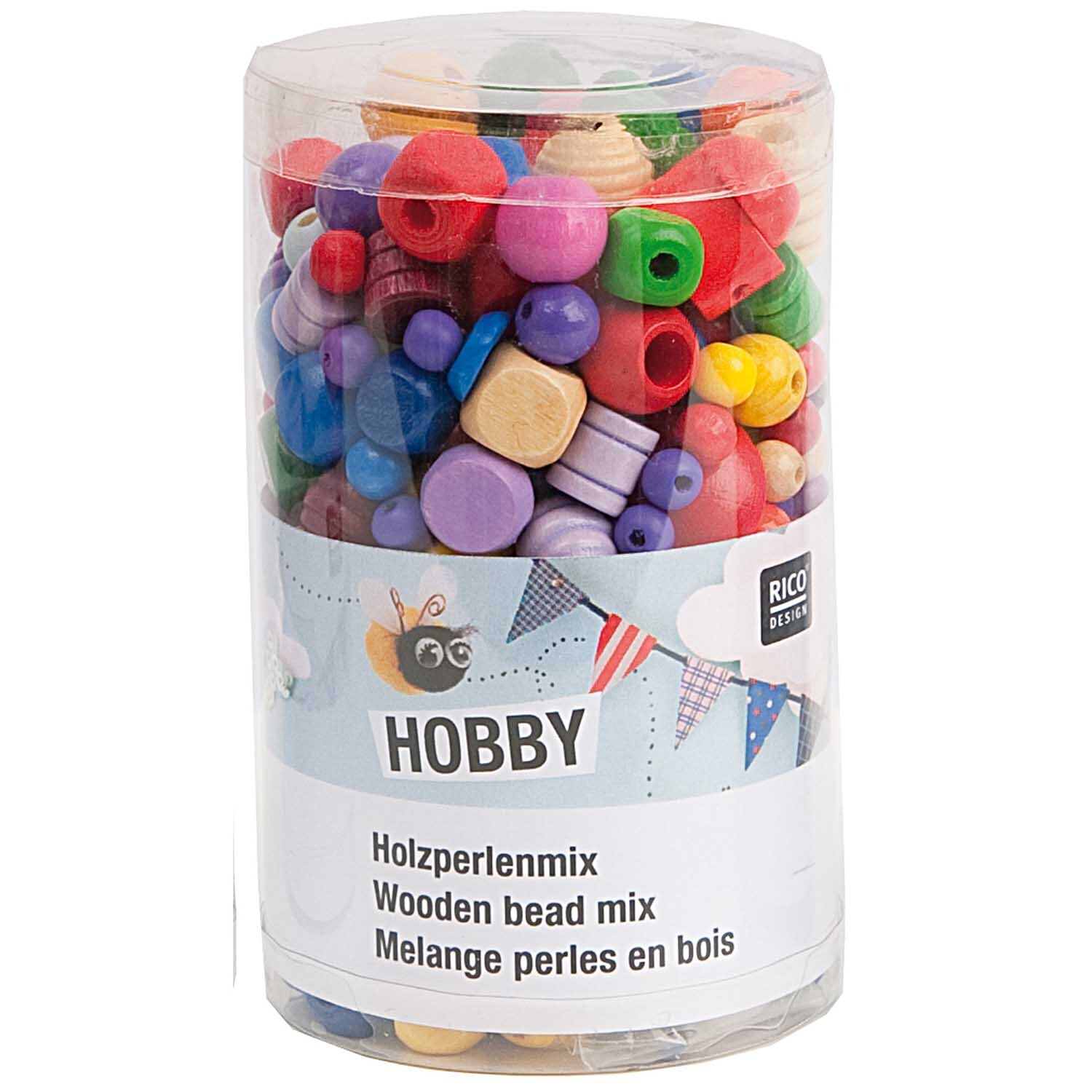 Holz-Perlen Mix mehrfarbig 200g: Bunte Holzperlen in verschiedenen Formen in einer transparenten Dose von Rico Design.