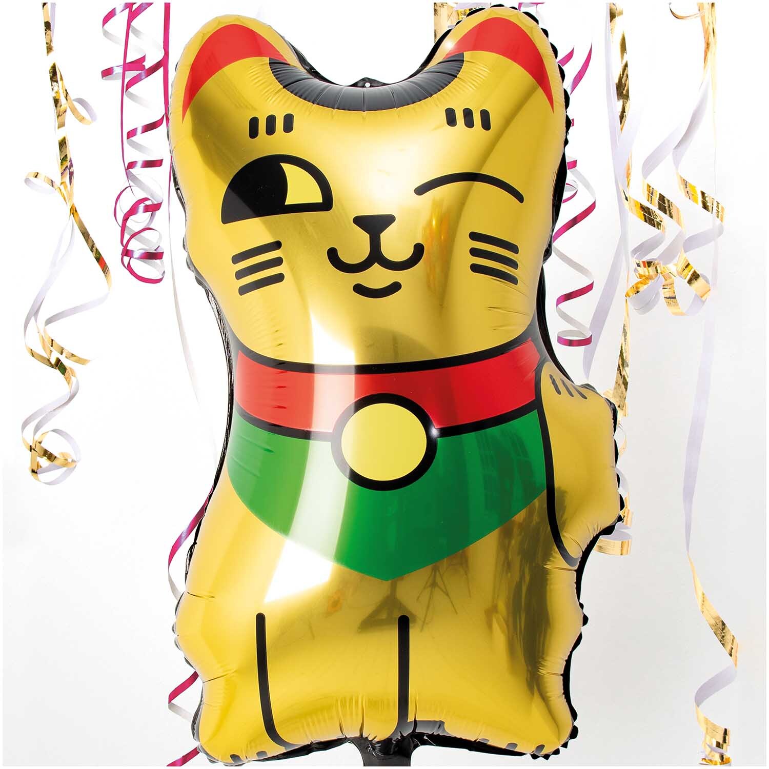 Folienballon Winkekatze gold 36x70cm mit fröhlichem Gesicht, umgeben von bunten Bändern. Ideal für festliche Anlässe.