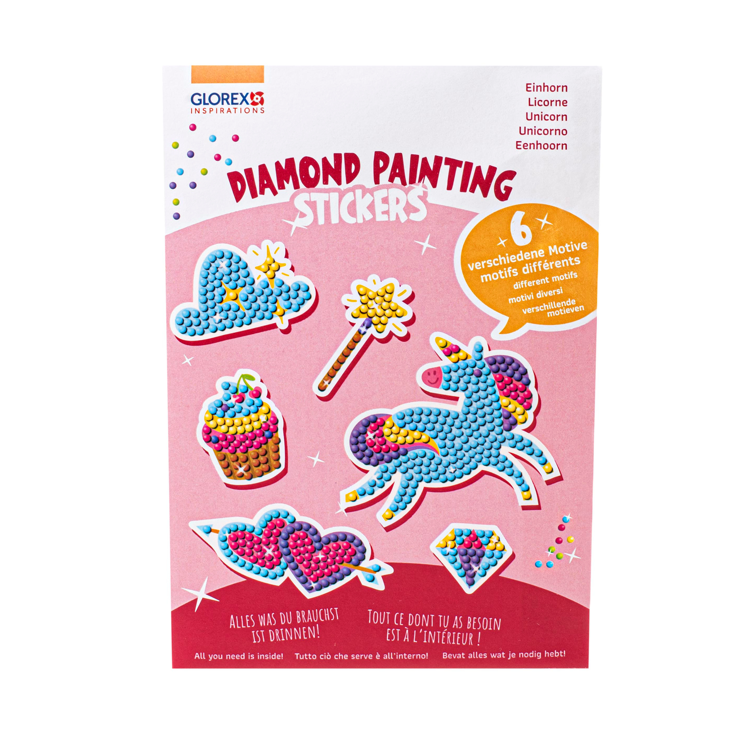 Diamond Painting Sticker Einhorn: Bunte Einhorn-Sticker von Glorex mit verschiedenen Motiven auf weißem Hintergrund.