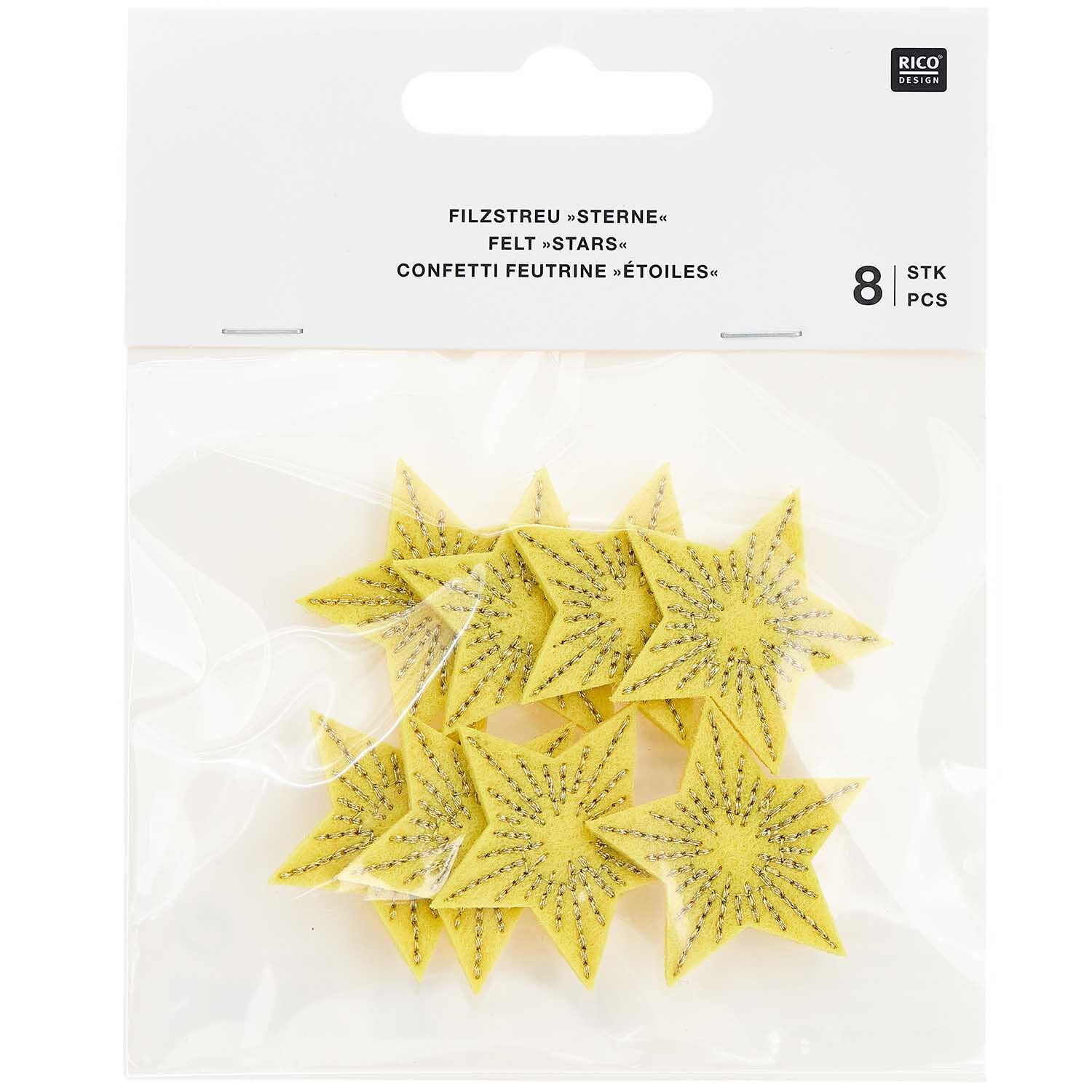 Filzstreu Sterne bestickt, 8 Stück in Gelb-Gold, dekorativ verpackt von Rico Design. Ideal für kreative Projekte.