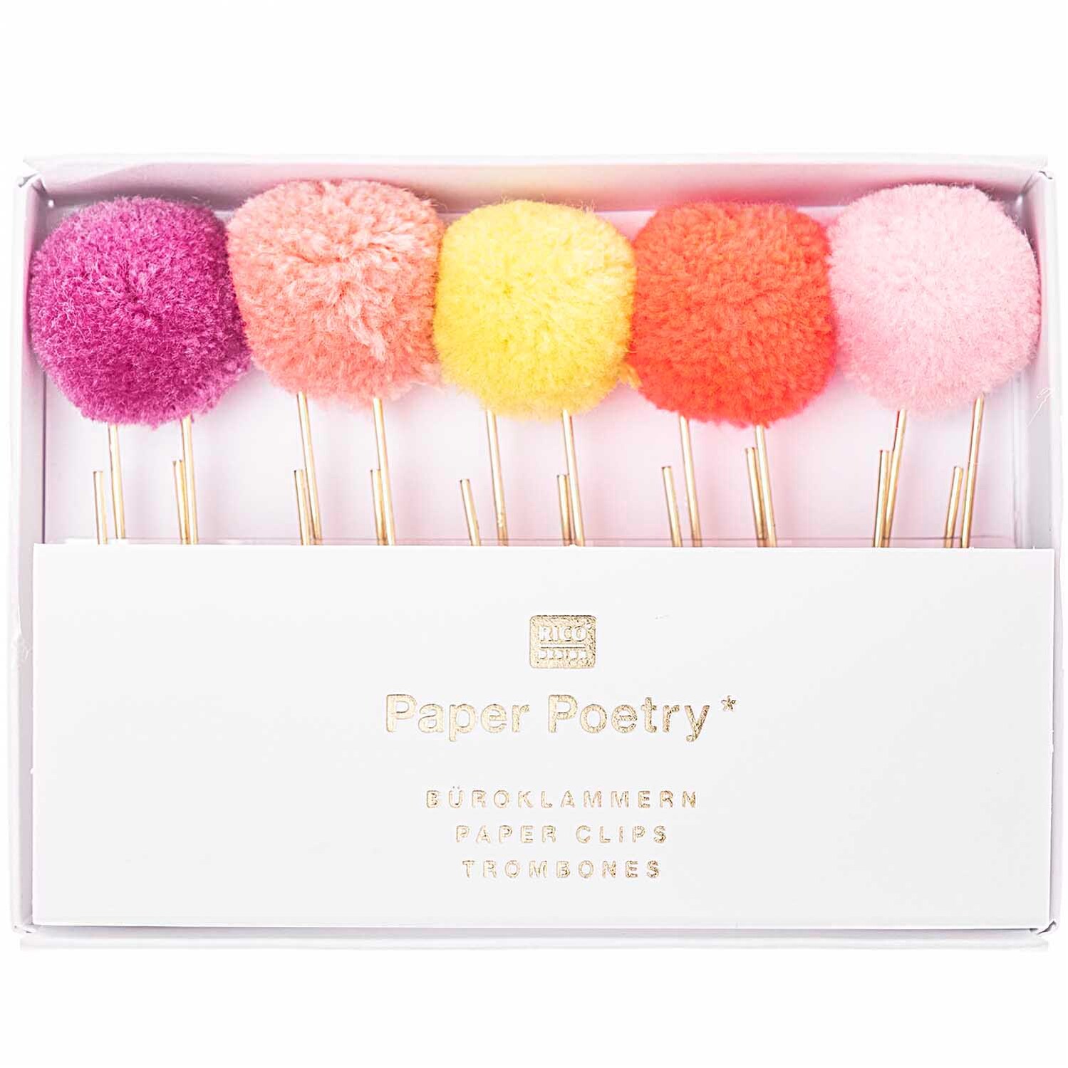 Paper Poetry Büroklammern mit Pompons in verschiedenen Farben, präsentiert in einer eleganten Box.