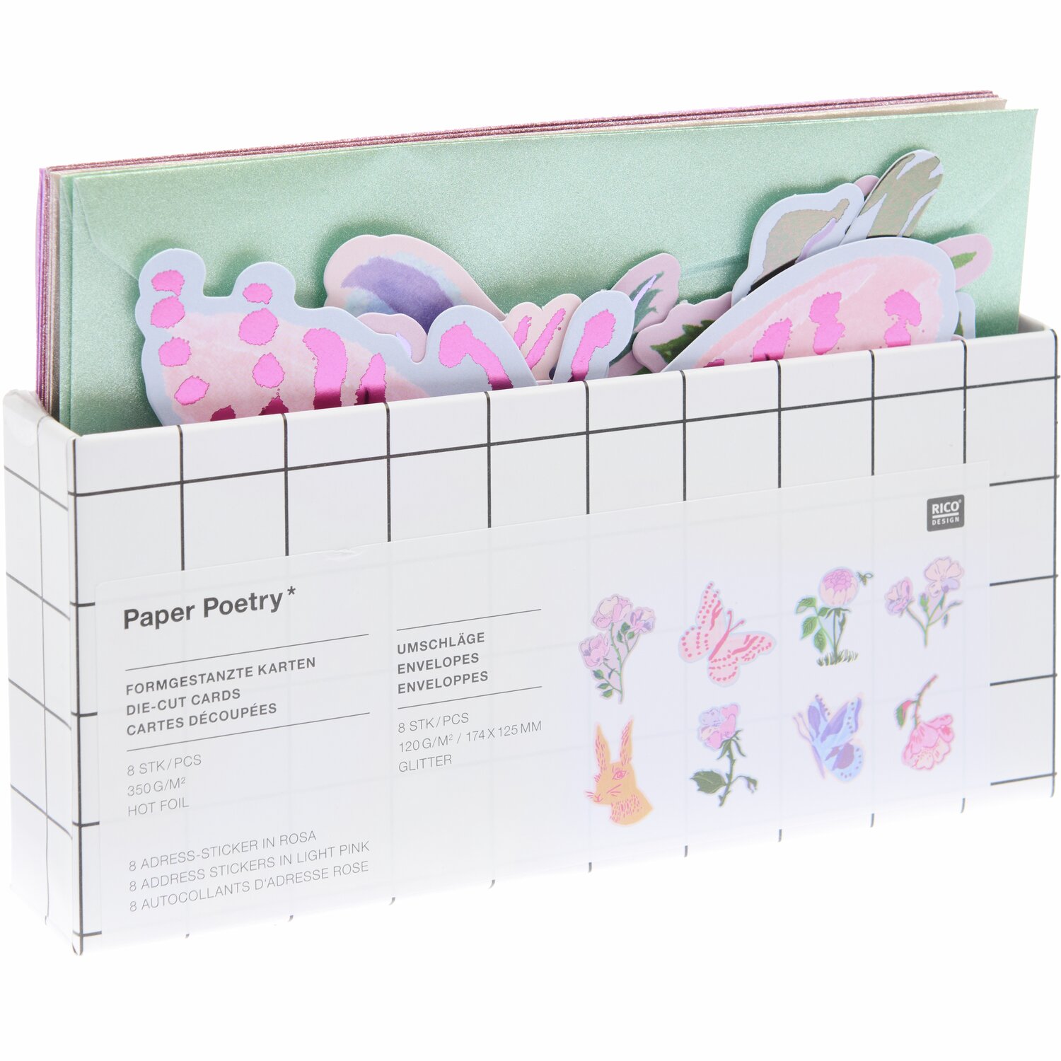 Paper Poetry Kartenset La Vie en Rose Ostern, 16-teilig, mit pastellfarbenen Umschlägen und floralen Motiven von Rico Design.