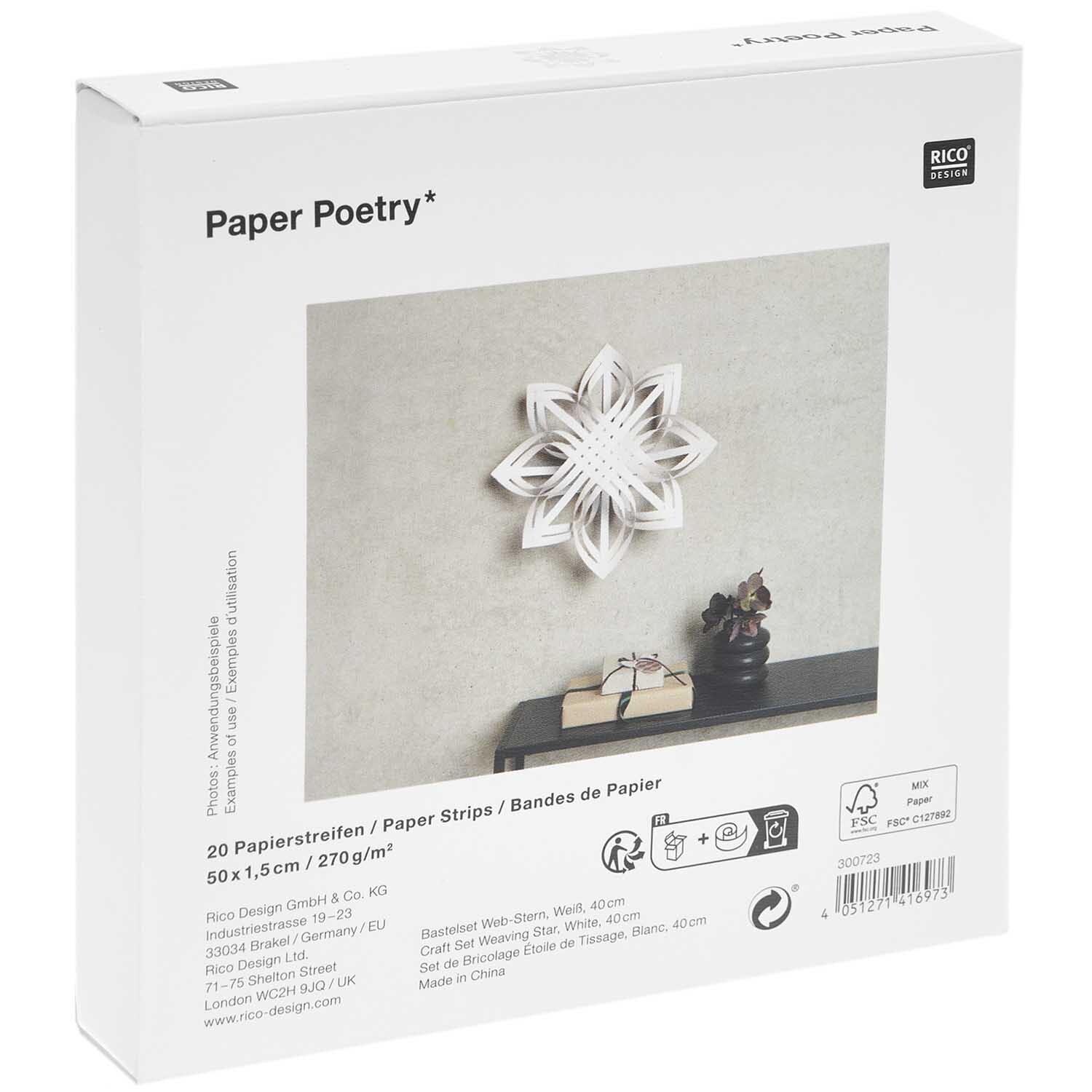 Paper Poetry Web-Stern Größe M 270g/m2 von Rico Design: Weißer Papierstern an einer Wand, dekorativ und elegant.