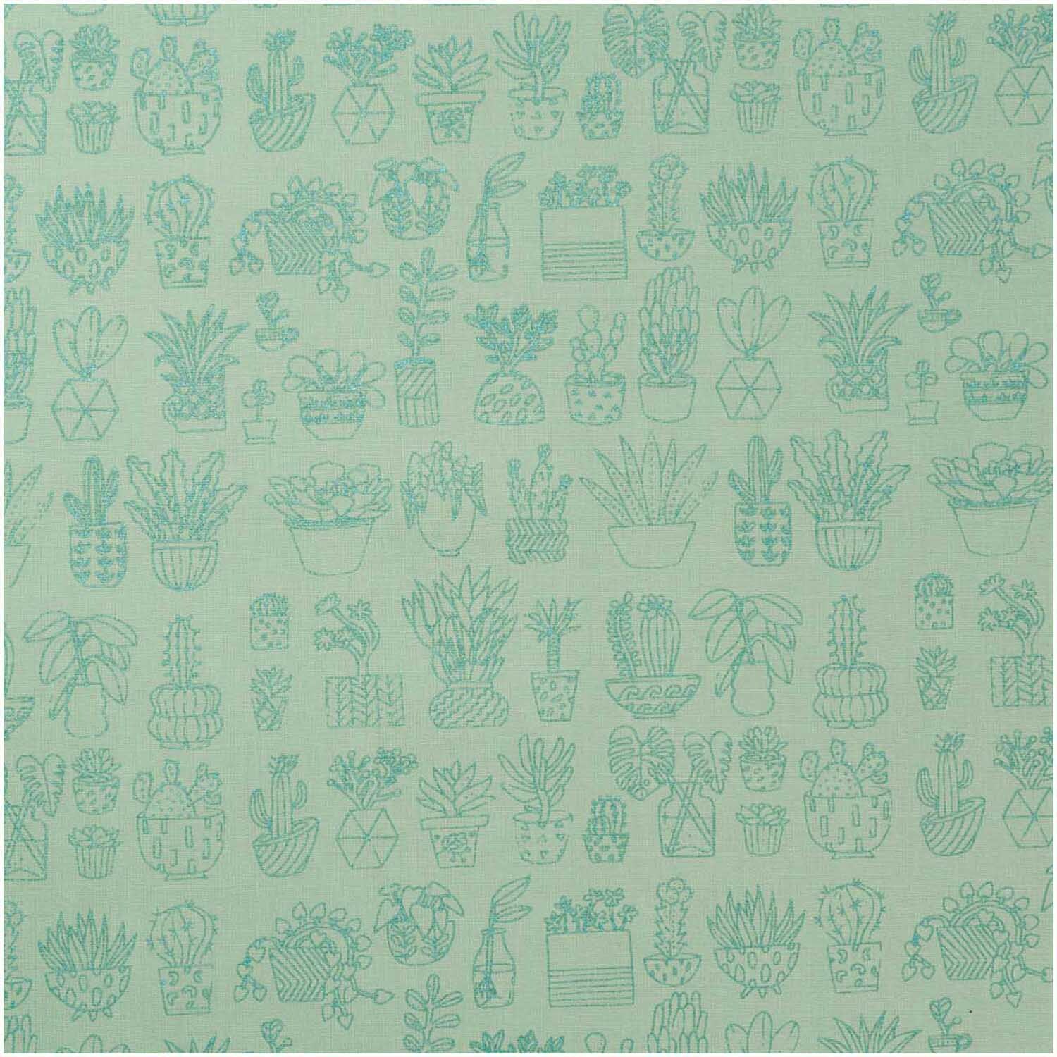 Druckstoff Hygge Kakteen mint-metallic 140cm zeigt stilisierte Kakteenmuster auf mintfarbenem Hintergrund. Ideal für kreative Nähprojekte.