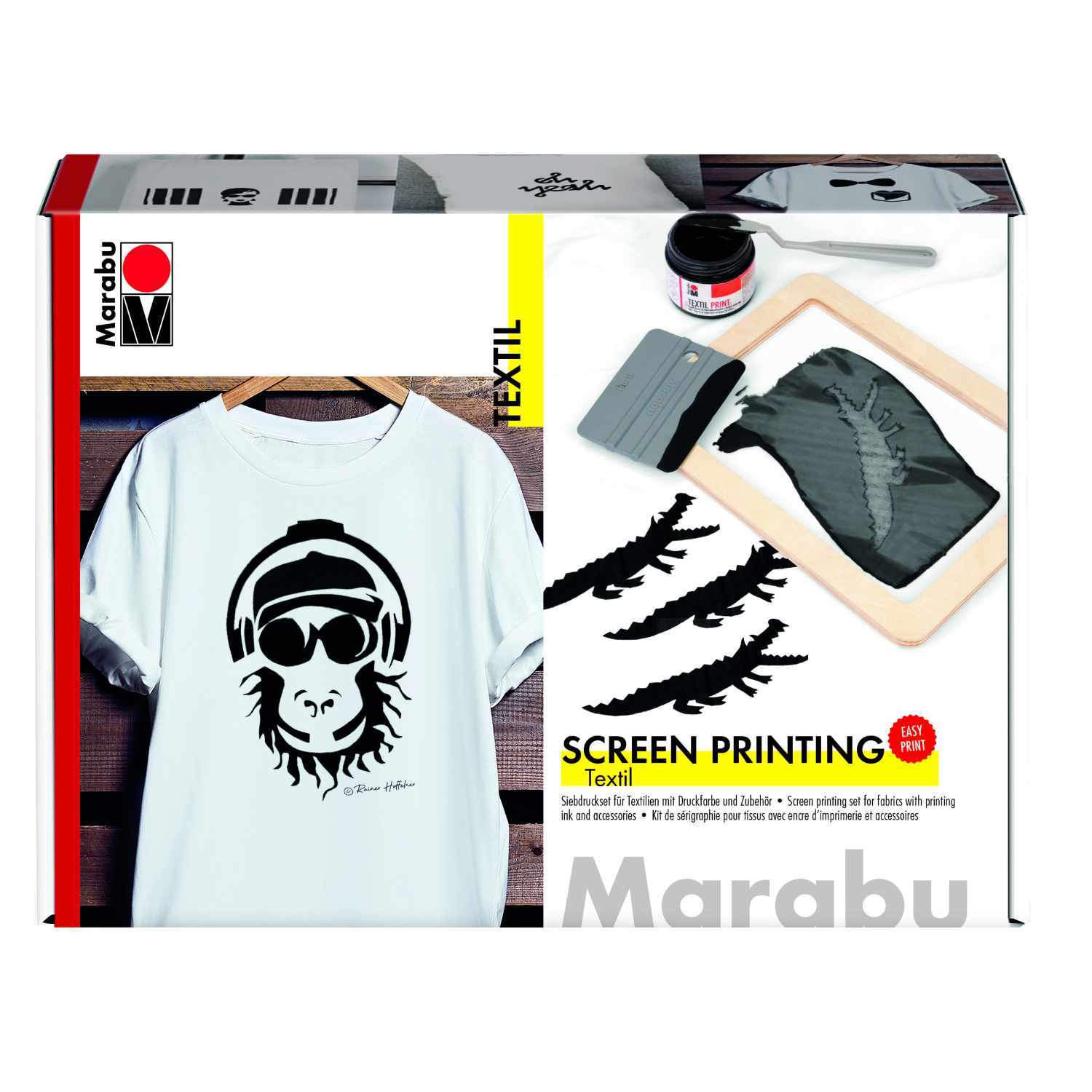 Textil Print Screen Siebdruck Set von Marabu mit T-Shirt und Siebdruckzubehör für kreative Designs.