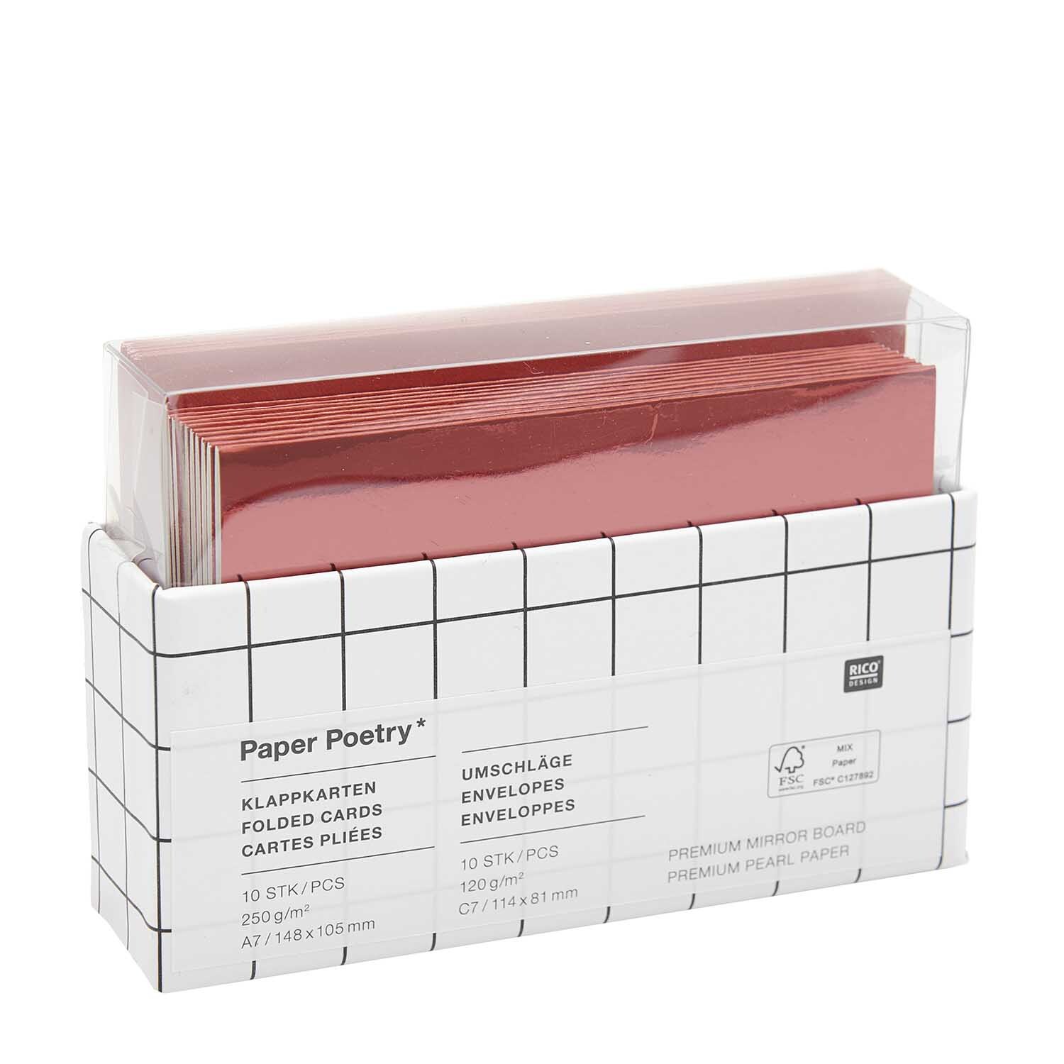 Paper Poetry Kartenset mit 20 roten Spiegelkarton-Klappkarten und Umschlägen von Rico Design. Ideal für kreative Projekte.