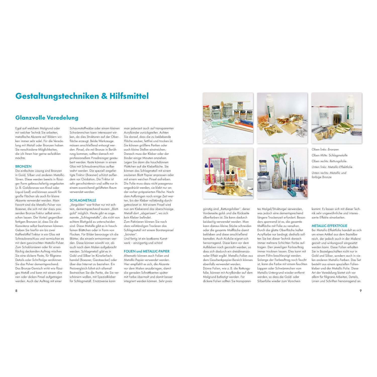 Abstrakte Bilder in Acryl malen: Doppelseite mit Text zu Techniken und Fotos von Malutensilien.