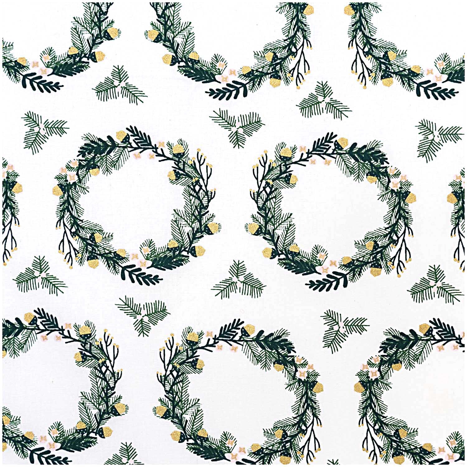 Stoff weiß Kranz klein mit gold 140cm: Eleganter Stoff mit kleinen goldenen Kränzen auf weißem Hintergrund, ideal für festliche Dekorationen.