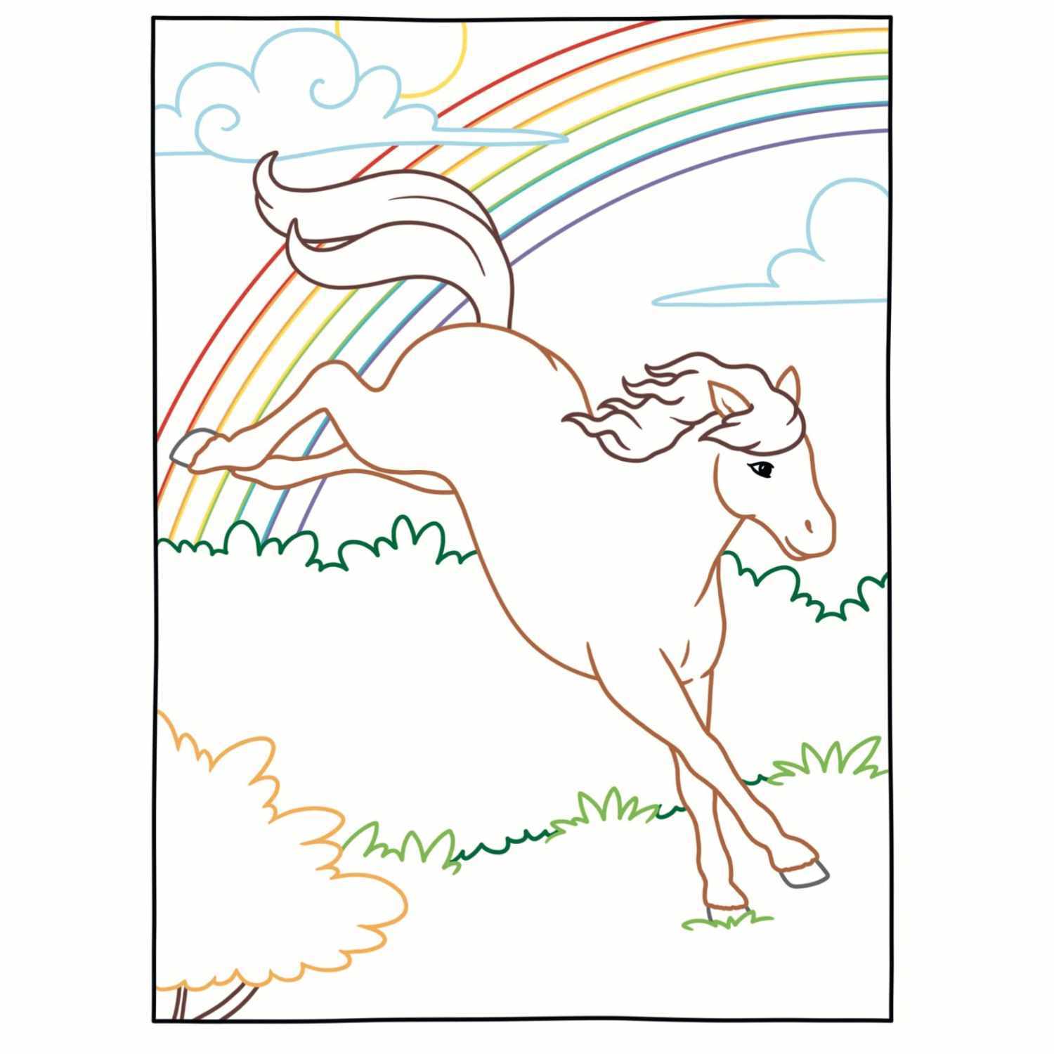 Zauberpapier - Das große Malbuch Pferde: Ein springendes Pferd vor einem Regenbogen und Wolken. Ideal für kreative Kinder. Marke: TOPP.