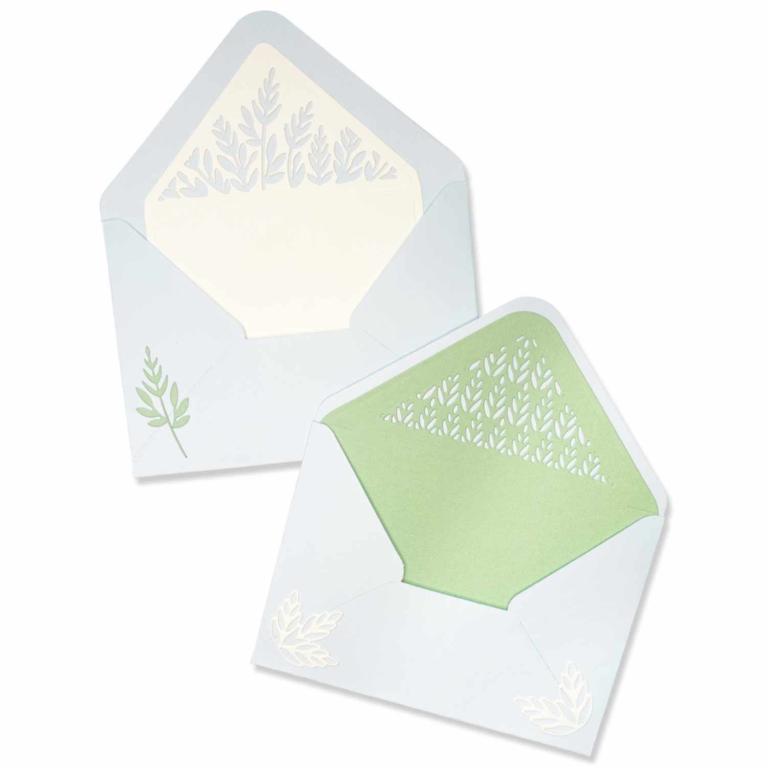 Thinlits Die Botanic Envelope Liners zeigen zwei Umschläge mit botanischen Mustern in Weiß und Grün. Ideal für kreative Projekte.