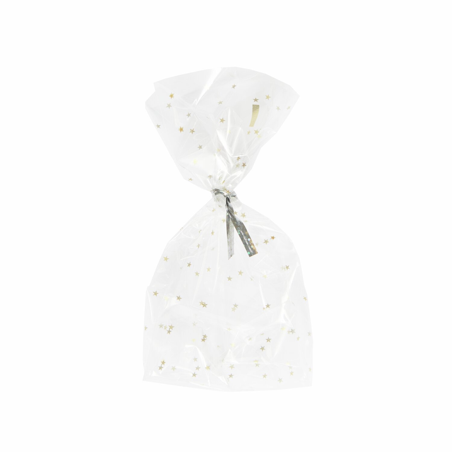 Kekstüten Goldene Sterne Raster, 10 Stück. Transparente Tüten mit goldenen Sternen, ideal für Geschenke.