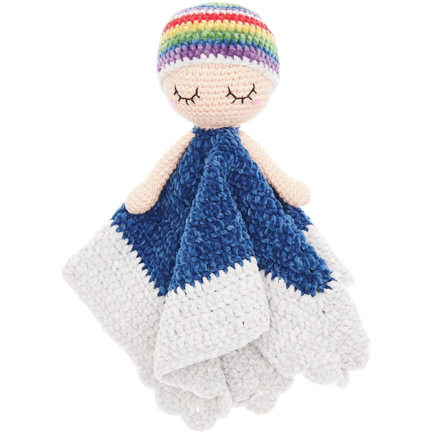 Häkelset Ricorumi Baby Blankies Rainbow: Kuscheltuch mit blau-weißem Design und Regenbogenmütze. Ideal für Babys.