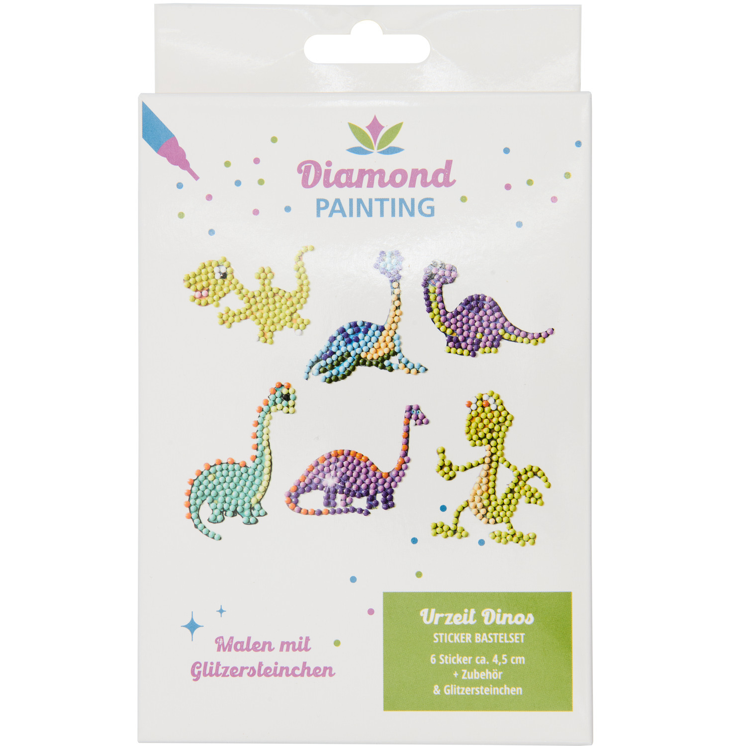 Diamond Painting Sticker Urzeit: Sechs bunte Dino-Sticker mit Glitzersteinen auf weißem Hintergrund. Ideal für kreative Bastelprojekte.