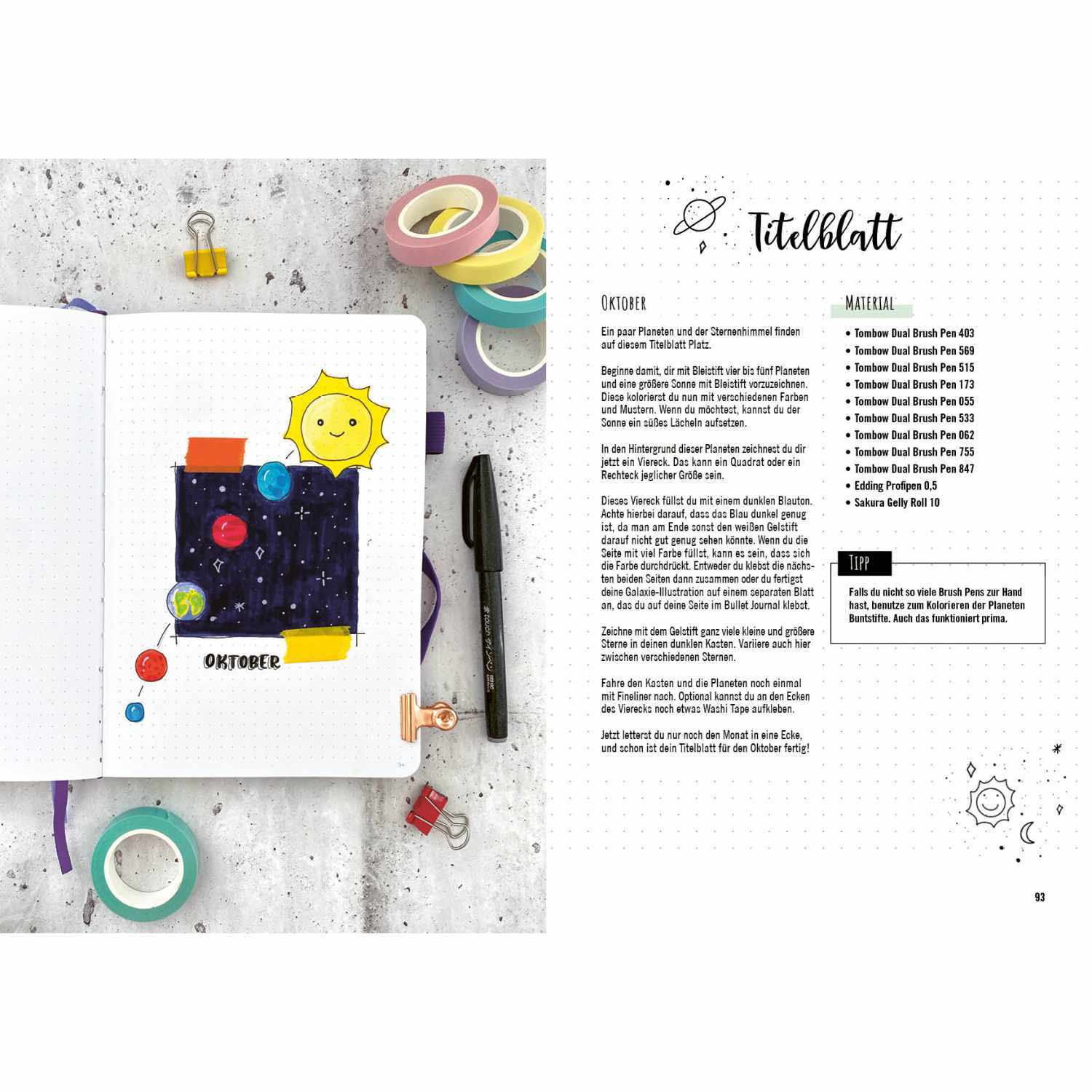 Generation BuJo - Das Anleitungsbuch für Schüler & Studenten zeigt ein kreatives Bullet Journal mit bunten Washi-Tapes und einem illustrierten Sonnensystem.