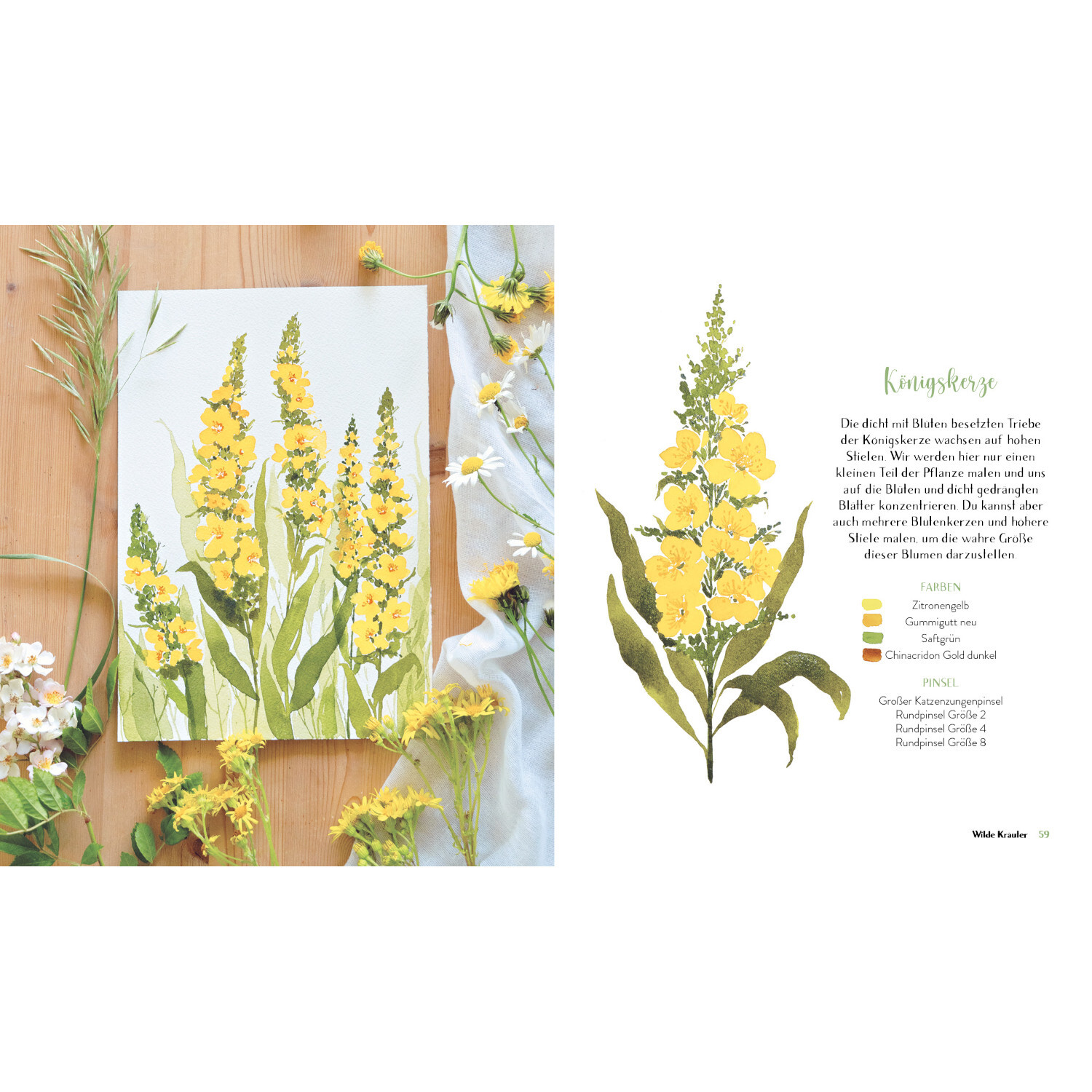 Wildflower Watercolor - Blumen Aquarelle malen: Gelbe Blumenillustration auf Holzuntergrund, umgeben von Blüten und Blättern.