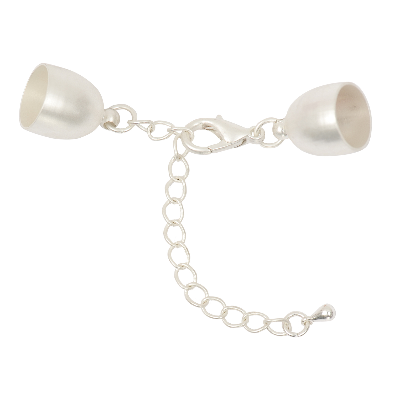 Endkappe silber matt 12mm: Zwei silberne Endkappen verbunden durch eine feine Kette, ideal für Schmuckdesign.