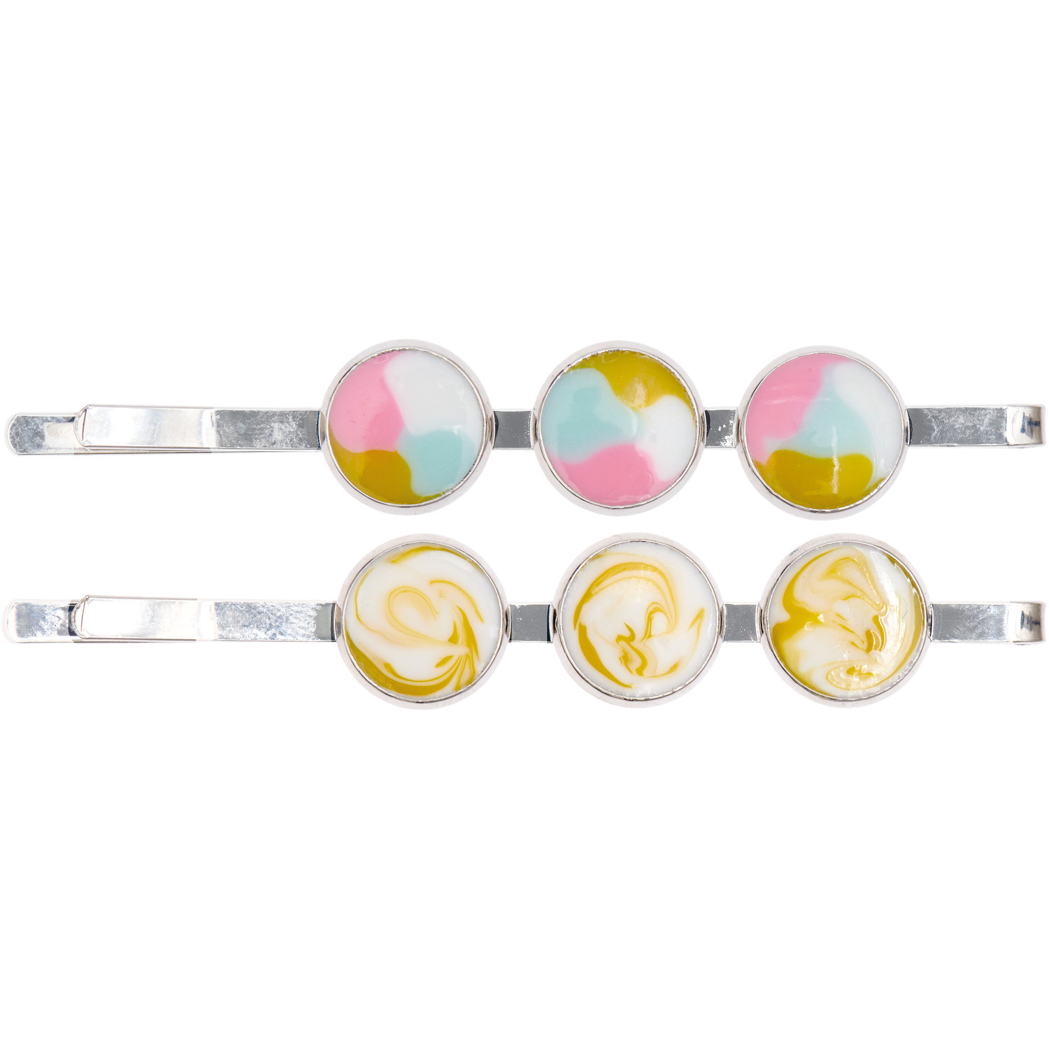 UV Resin Haarnadel mit drei runden Klebeflächen, verziert in Pastelltönen, von Rico Design.
