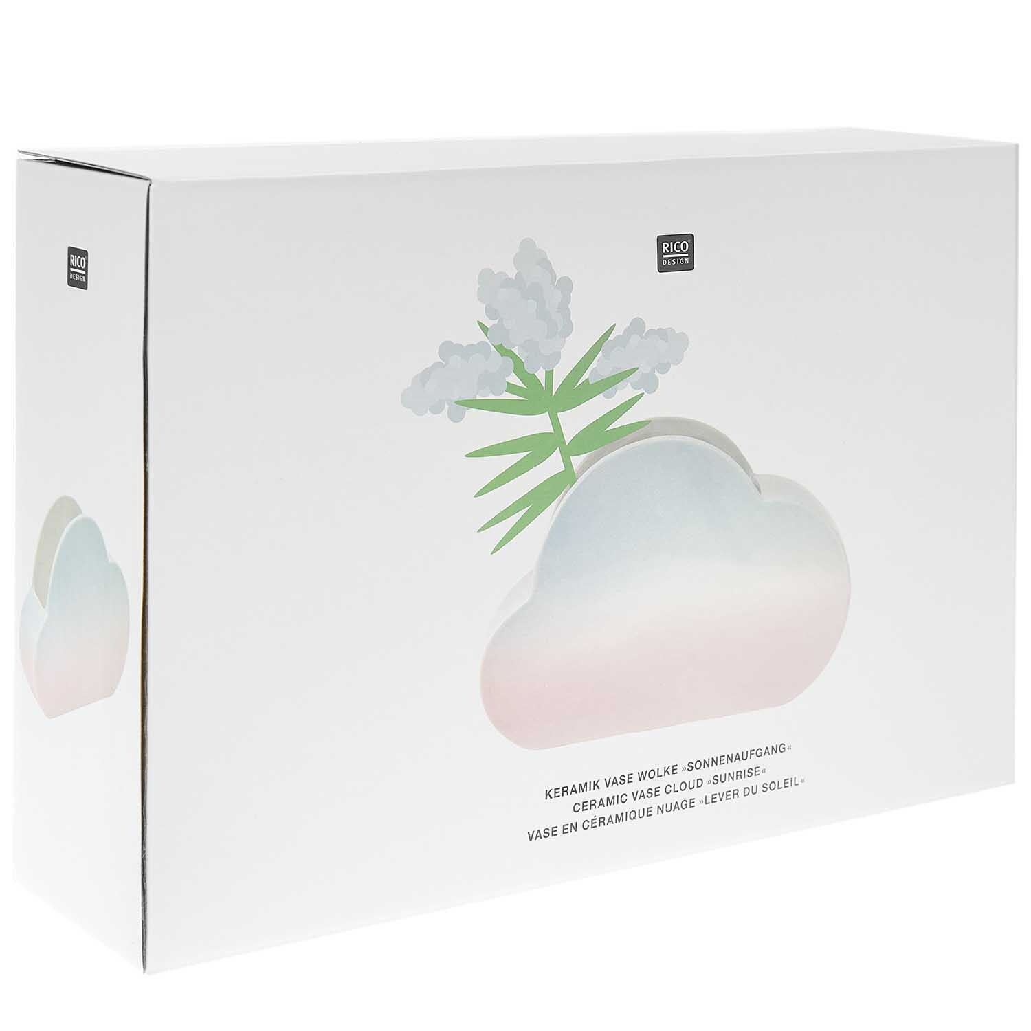 Keramik Vase Wolke 25x6x16cm von Rico Design in Blau-Rosa, verpackt in einer stilvollen Box mit Wolkenmotiv.