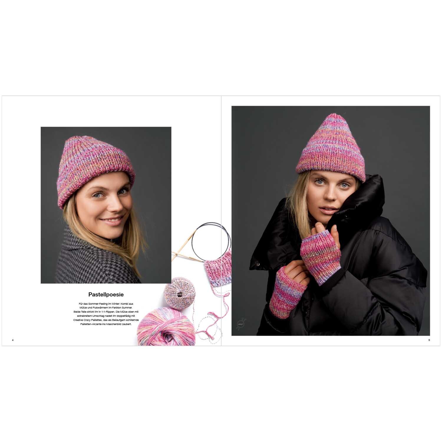 Superba Easy 8 Knits: Frau trägt gestrickte Mütze und Handschuhe in Rosa von Rico Design, mit passendem Garn.
