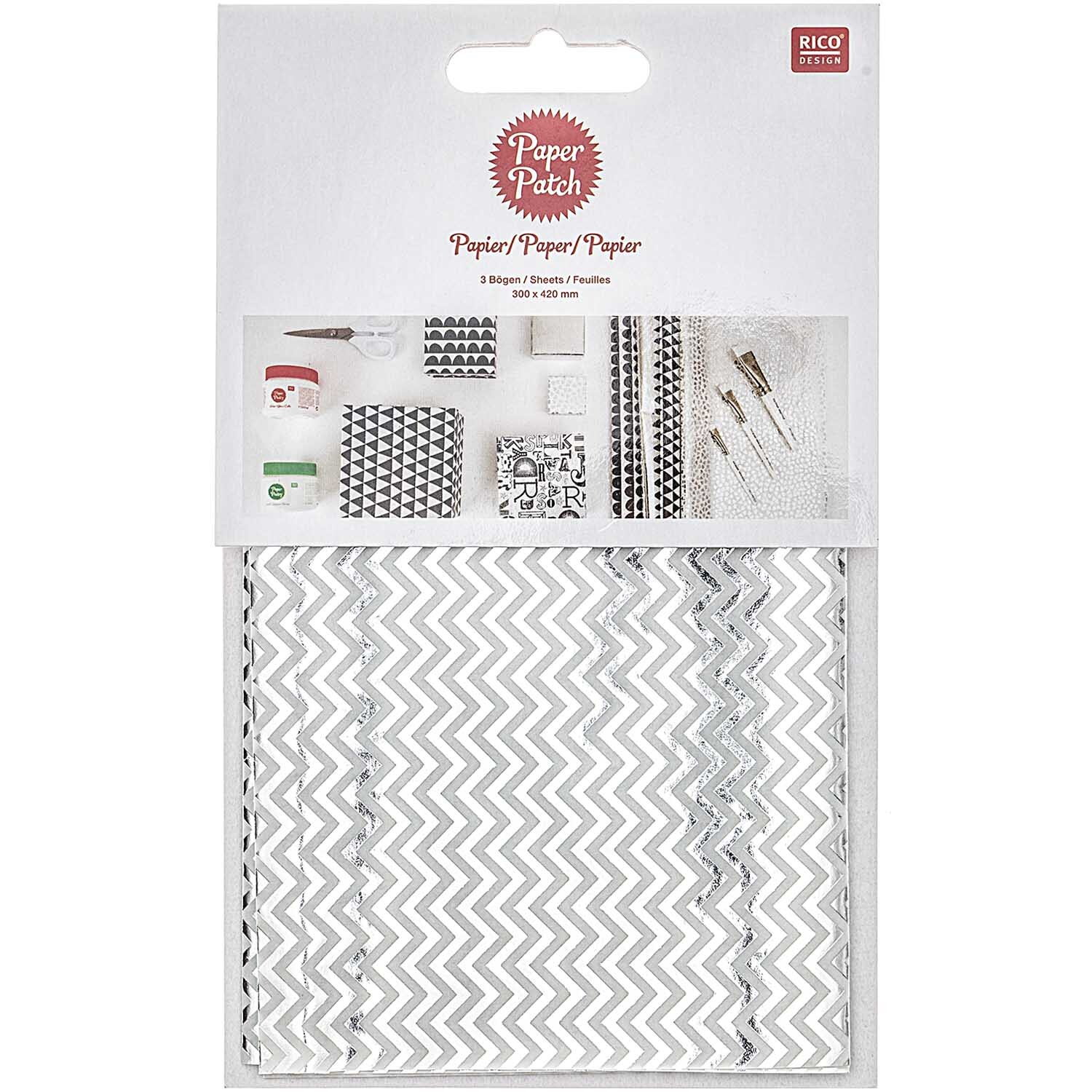 SB Paper Patch Papier Zickzack silber 30x42cm 3 Bogen Hot Foil von Rico Design