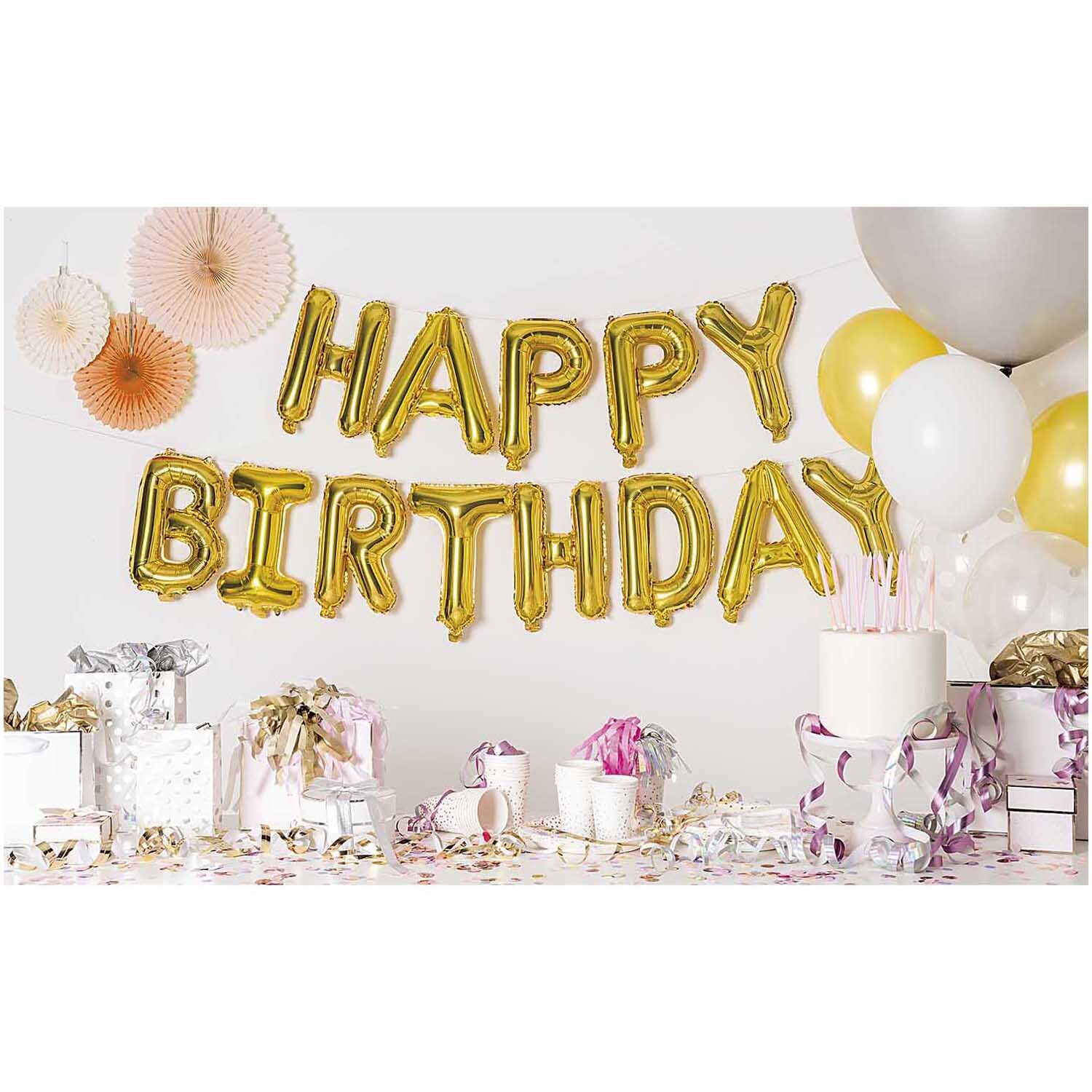 Folienballon-Set Happy Birthday gold, 13-teilig, dekoriert mit bunten Luftballons und Geschenken.