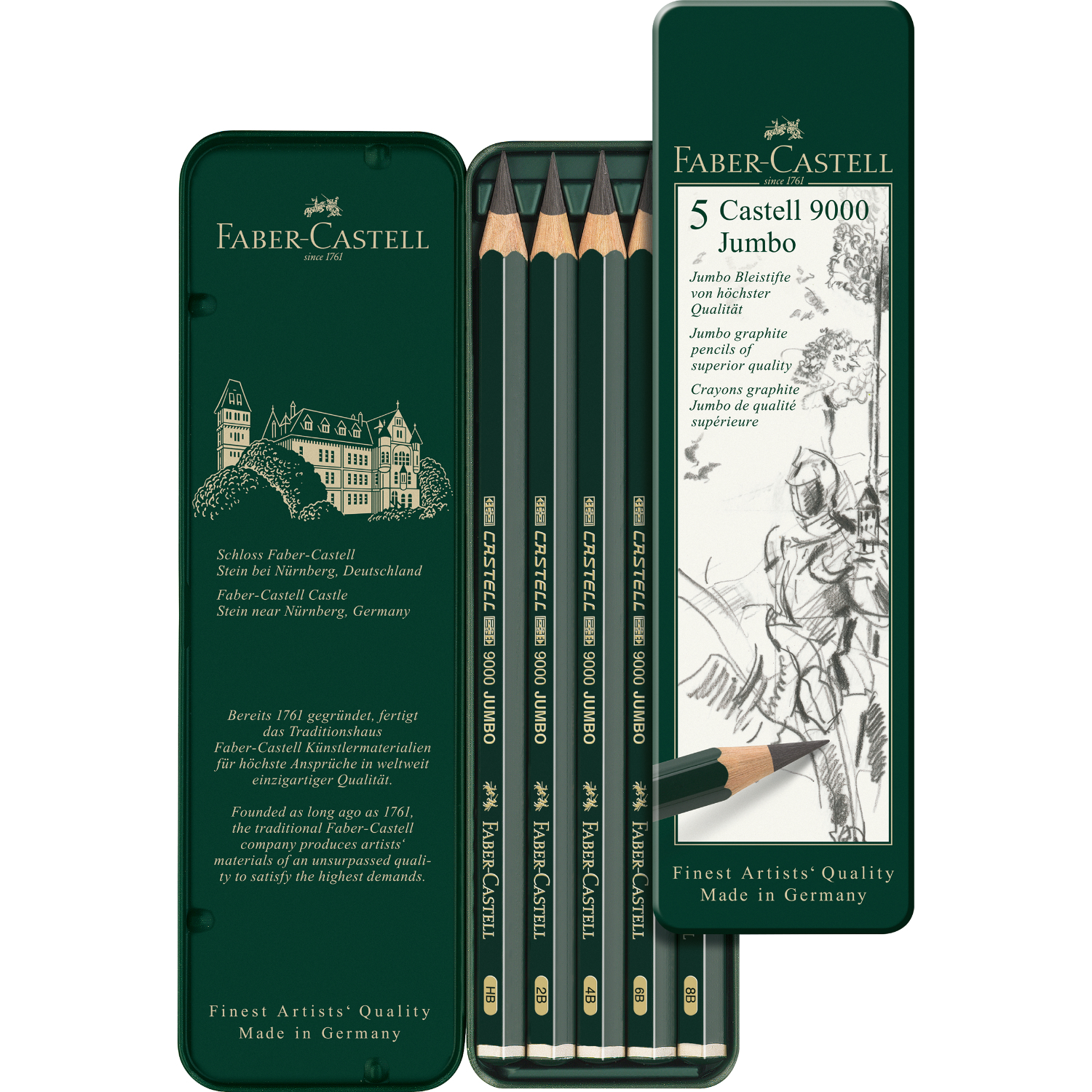 Castell 9000 Jumbo Bleistift im grünen Metalletui, 5 Stück, von Faber Castell, ideal für Künstler.