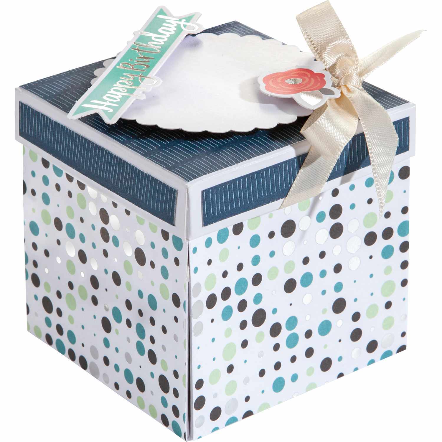 Explosionsbox Bastelset Party: Kreatives Set von folia mit gepunktetem Design und Schleife, ideal für Geburtstagsüberraschungen.