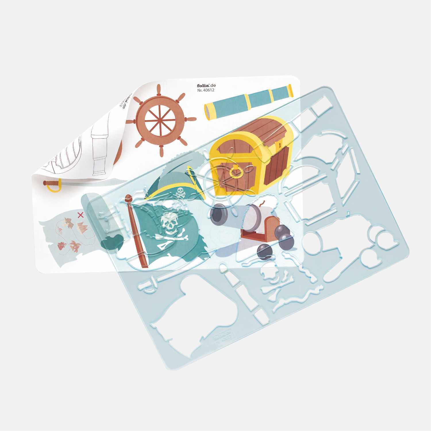 Kreativ-Schablonenset Adventure mit Malvorlage, zeigt Piratenmotive und Schatztruhe, Marke folia.