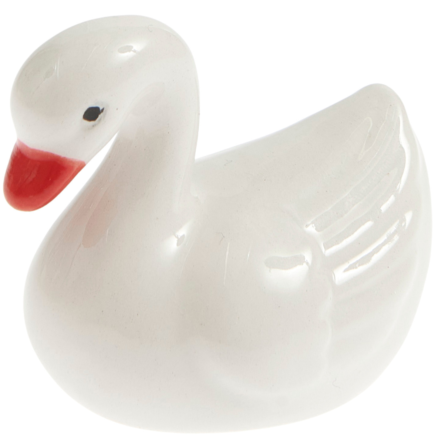 Keramik Schwan weiß: Elegante, weiße Keramikfigur in Schwanenform mit rotem Schnabel, 4x3x4,5cm.