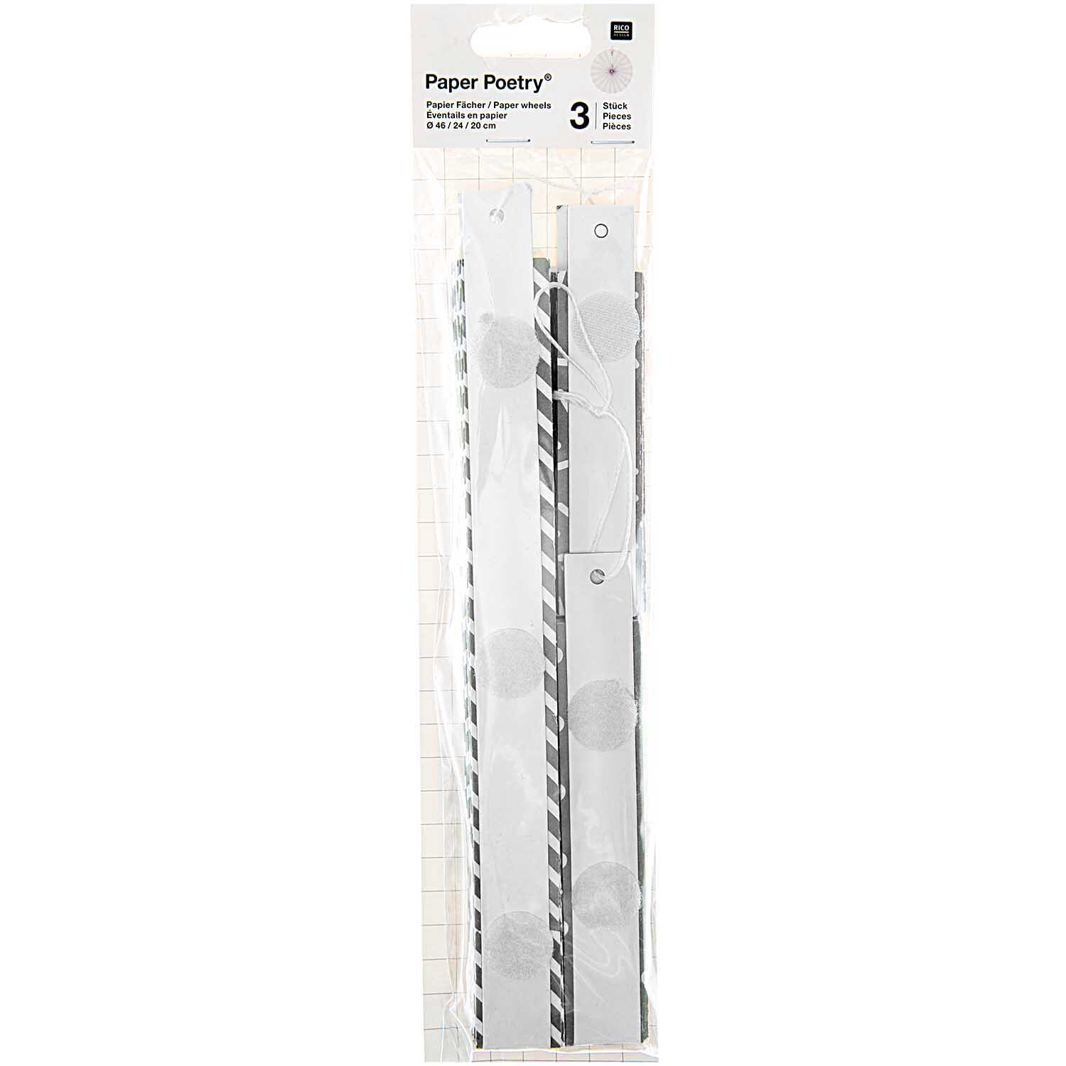 Fächer grau Papier 3 Stück von Rico Design, verpackt in einer transparenten Hülle, ideal für kreative Projekte.