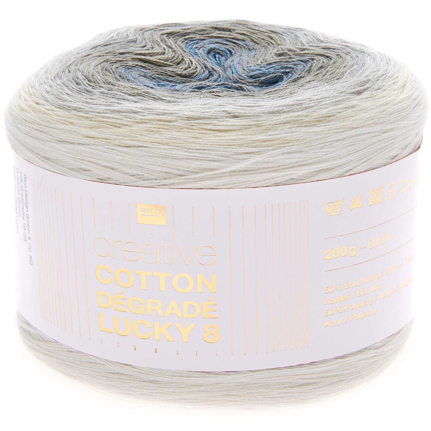 Creative Cotton Dégradé Lucky 8 von Rico Design, creme-graues Garnknäuel, 200g, 800m Länge.