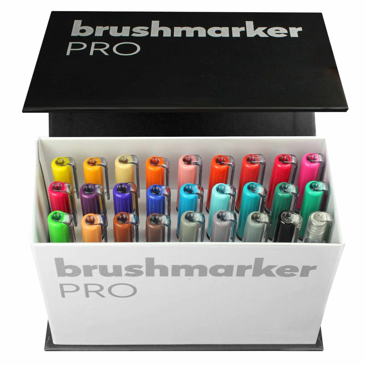 Brushmarker PRO Mini Box mit 26 leuchtenden Farben und einem Blender, präsentiert in einer eleganten Verpackung. Ideal für kreative Projekte.
