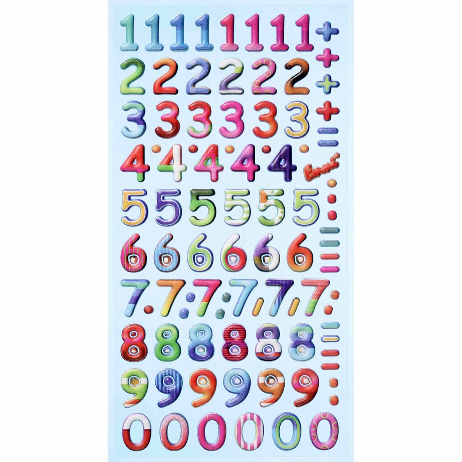 SoftySticker Design Zahlen mehrfarbig zeigt bunte Zahlen und Symbole von 0 bis 9 auf einem hellen Hintergrund. Ideal für kreative Projekte.