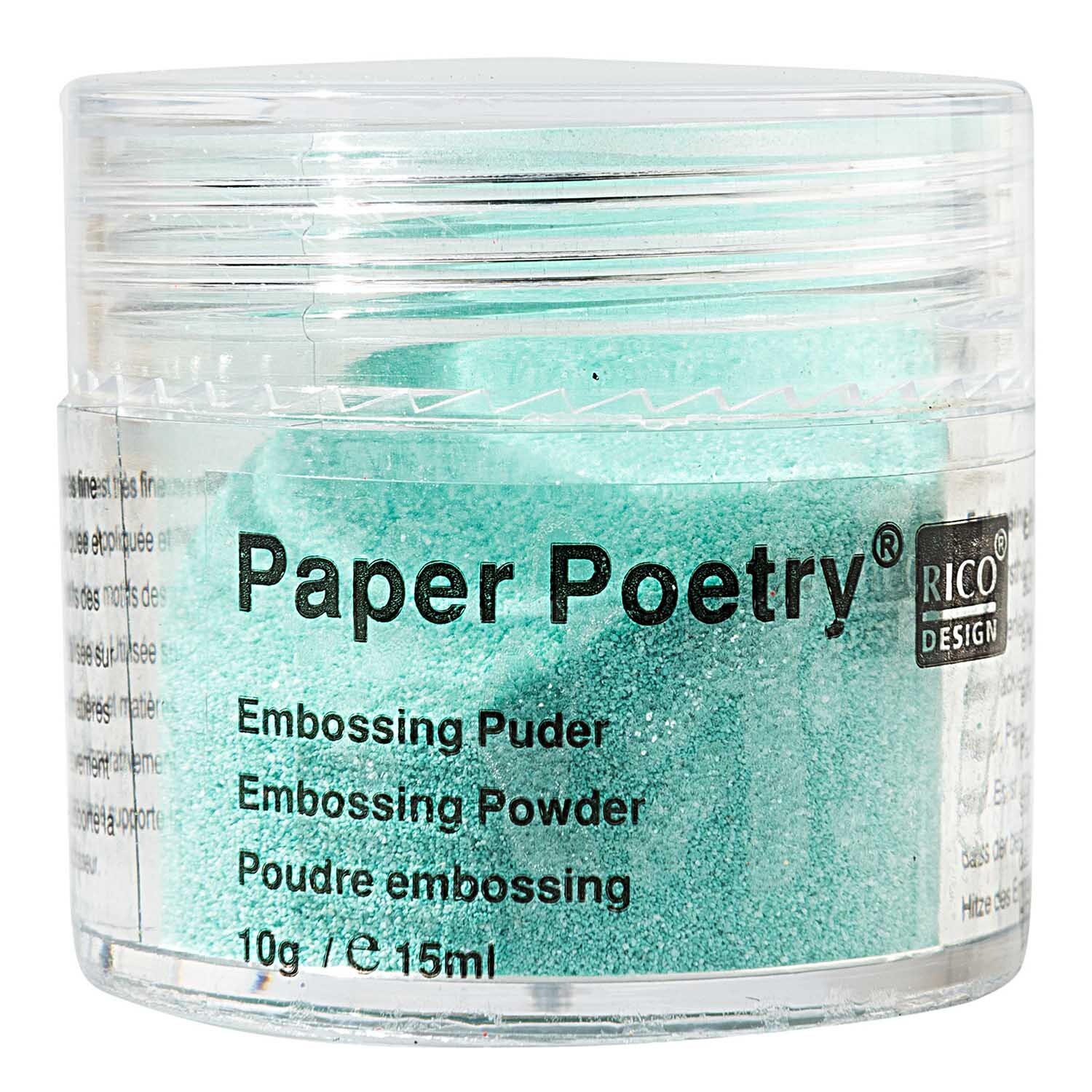 Paper Poetry Embossingpuder in einem transparenten Behälter, mint perlmutt, von Rico Design. Ideal für kreative Projekte.