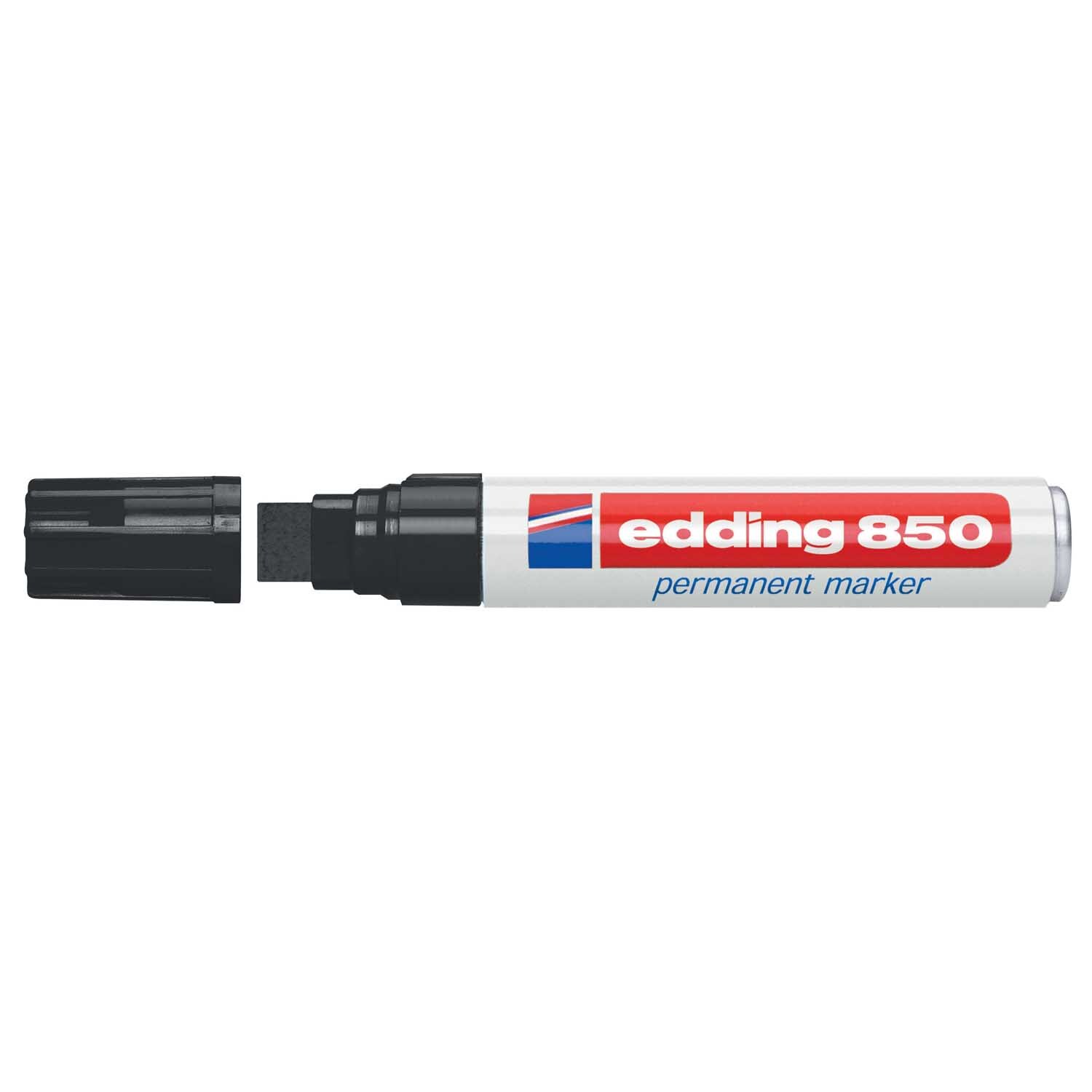 Permanentmarker mit schwarzer Kappe und edding 850 Logo, geeignet für breite Linien von 5-16mm.