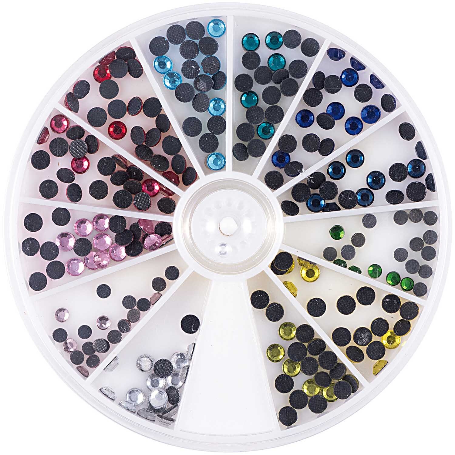 Strasssteine mehrfarbig 4mm zum Aufbügeln in einer runden Box, sortiert nach Farben von Rico Design. Ideal für kreative Projekte.