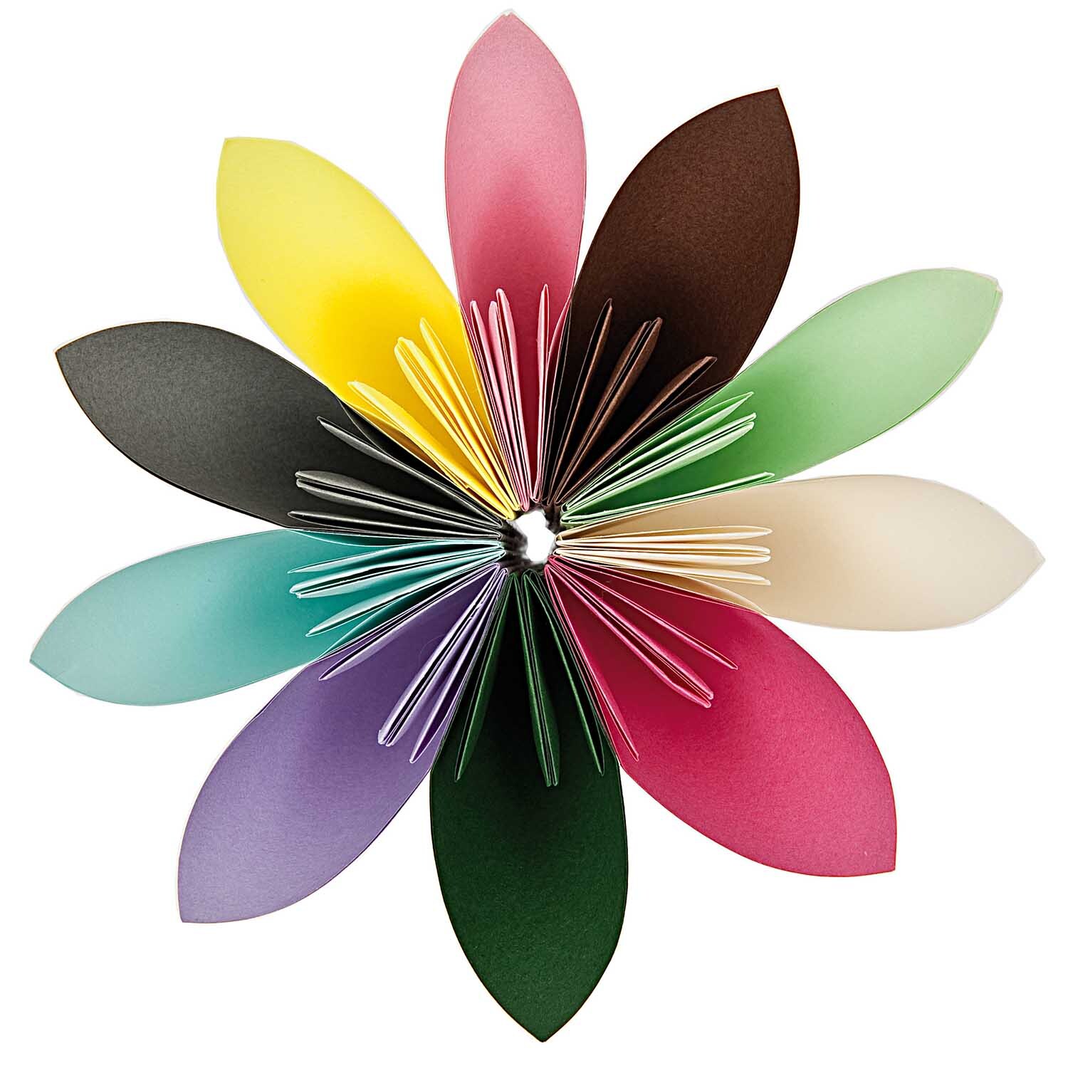 Paper Poetry Origami zeigt bunte Blätter in Blumenform, ideal für kreative Bastelprojekte.