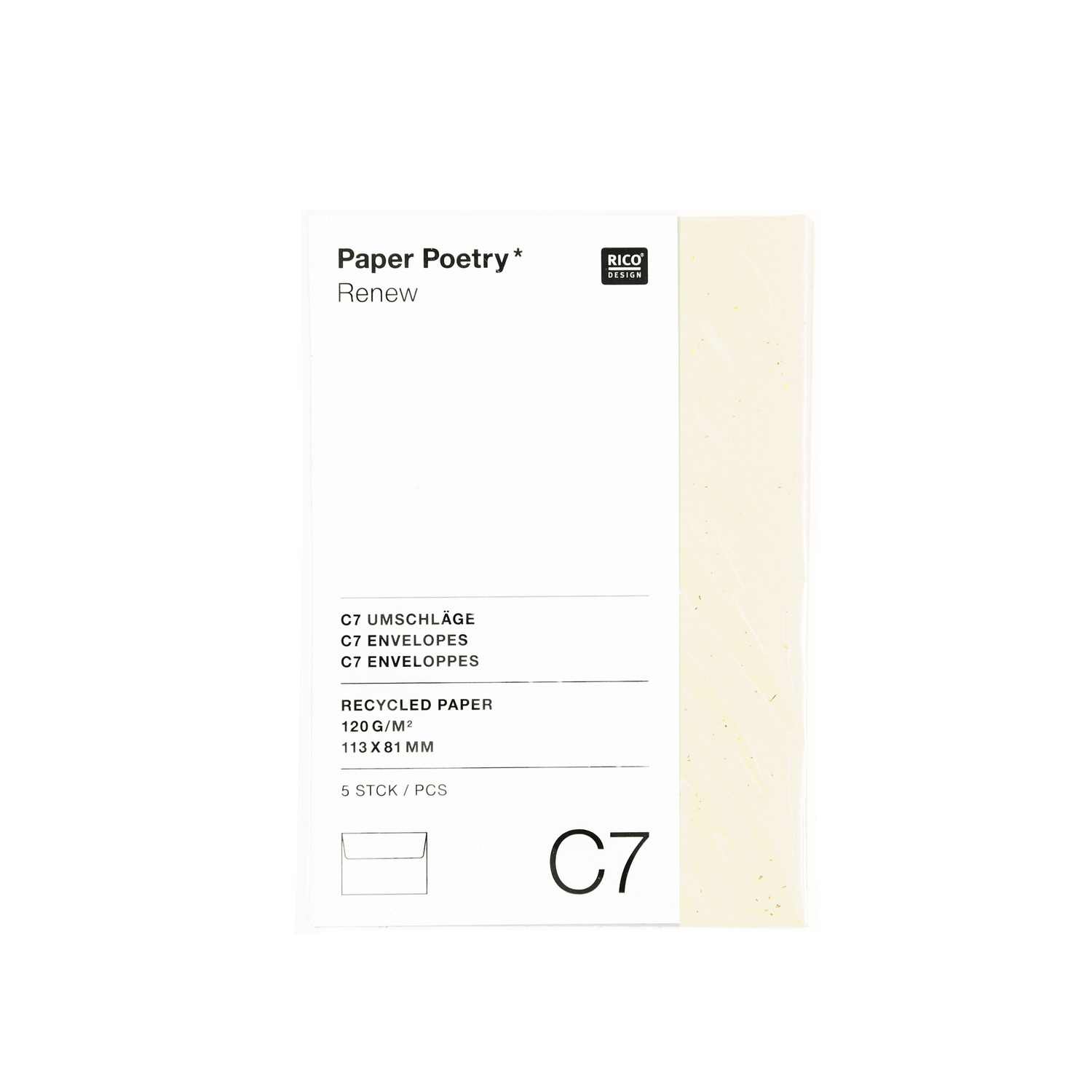 Paper Poetry Renew Umschläge C7, elfenbein, 5 Stück. Recyceltes Papier von Rico Design. Ideal für stilvolle Korrespondenz.