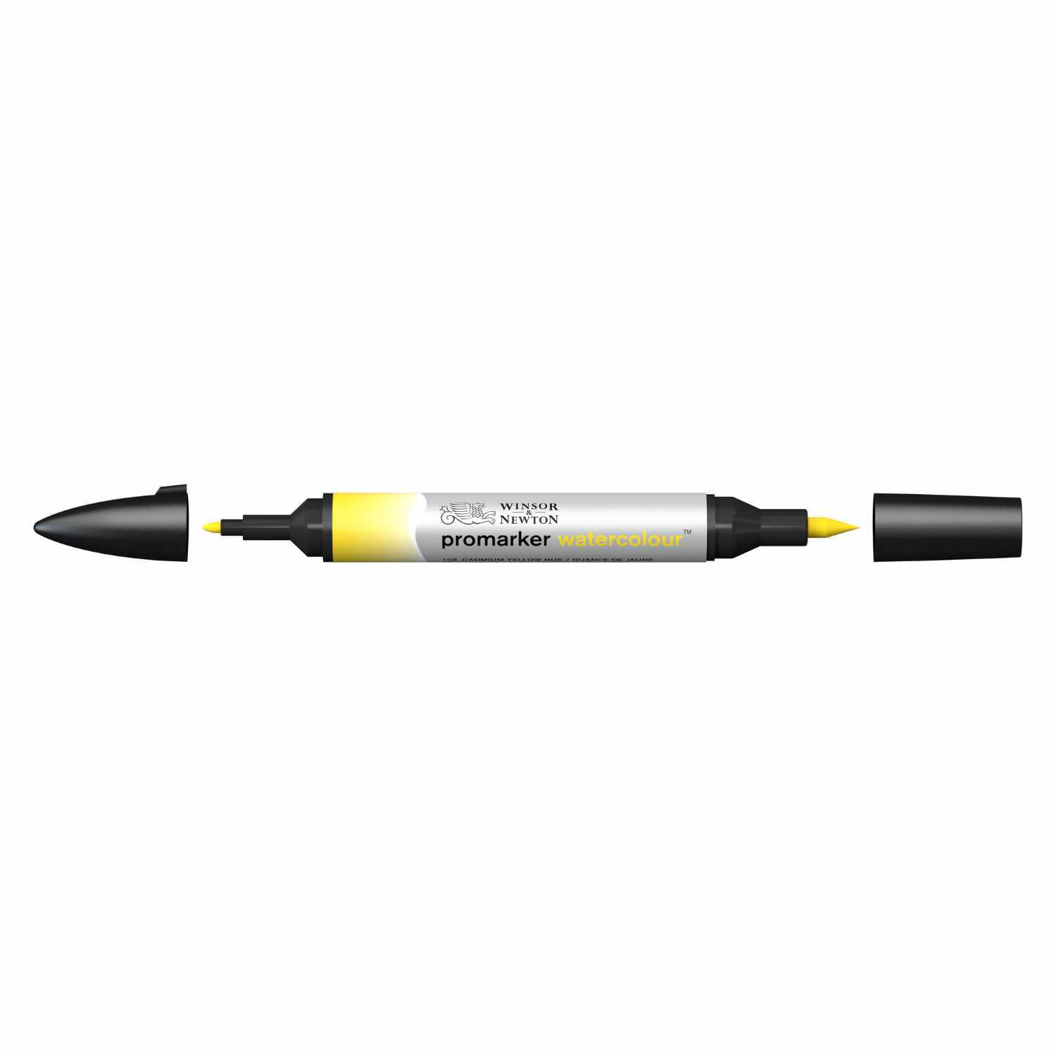 Promarker Aquarellmarker von Winsor & Newton in Cadmium Yellow Hue, mit zwei schwarzen Kappen.