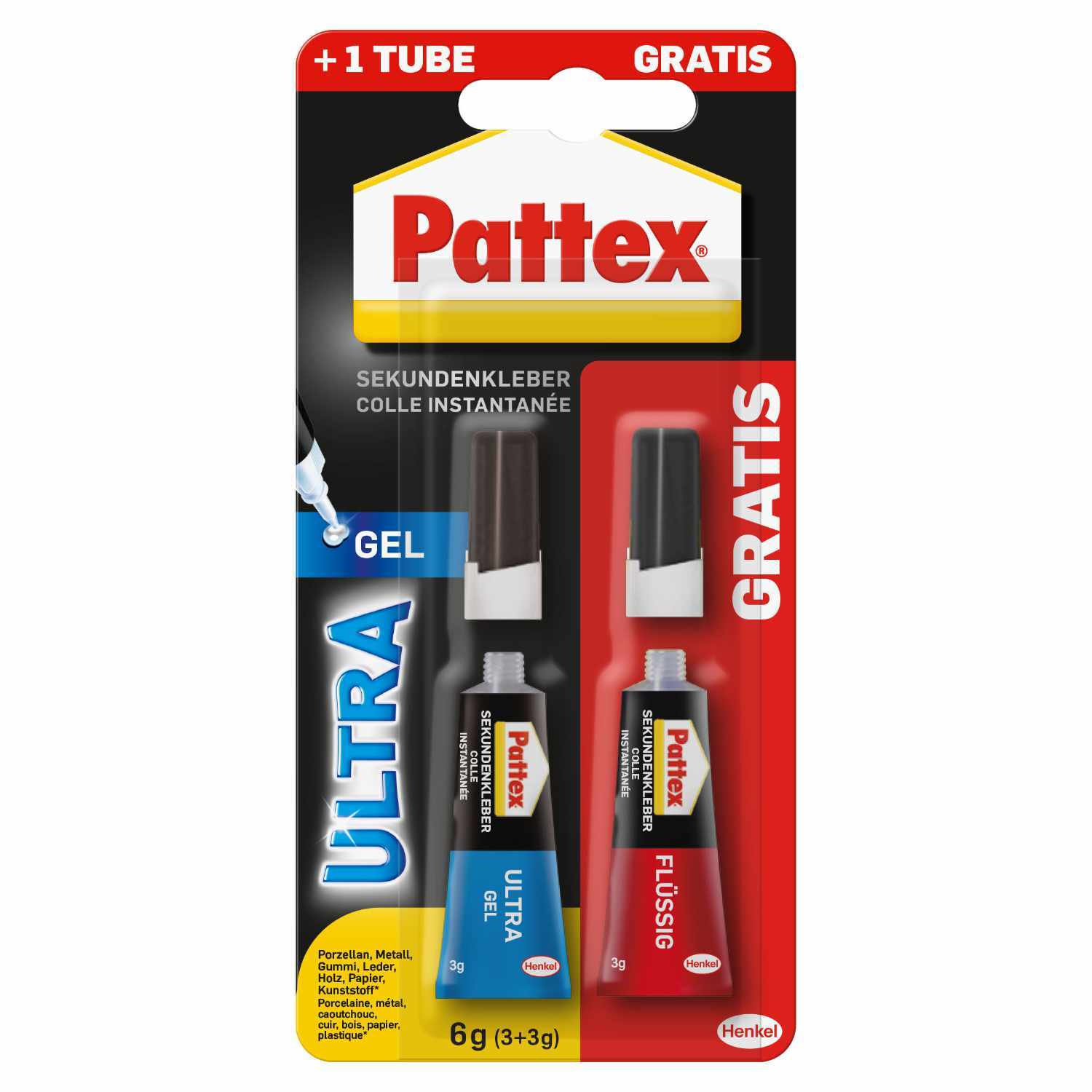 Sekundenkleber Ultra Gel & Classic flüssig von Pattex, zwei Tuben in blau und rot auf schwarzem Hintergrund.