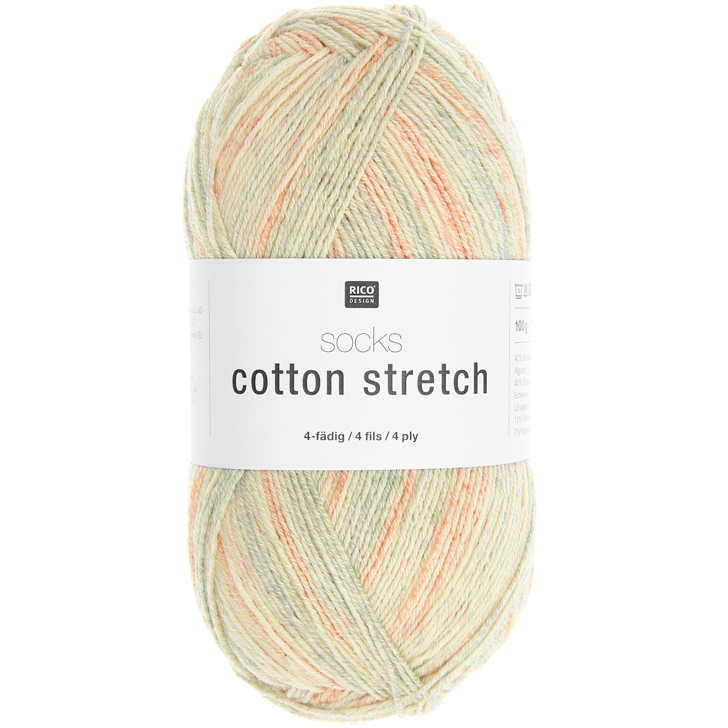 Socks Cotton Stretch 4-fädig Strickgarn von Rico Design in Pastellfarben, ideal für Sockenprojekte.