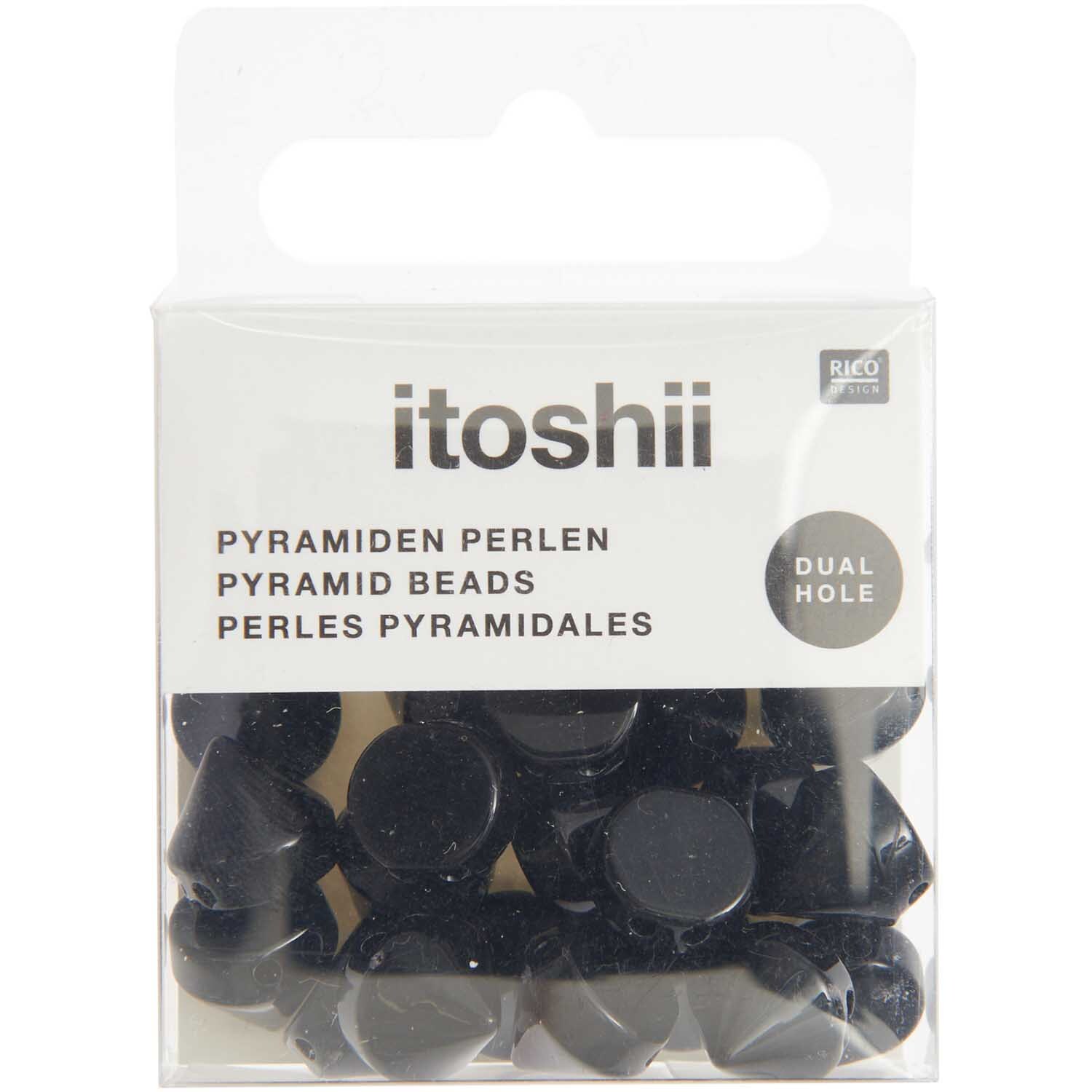 Itoshii Pyramiden Perlen in einer transparenten Verpackung, 24 schwarze runde Perlen von Rico Design.