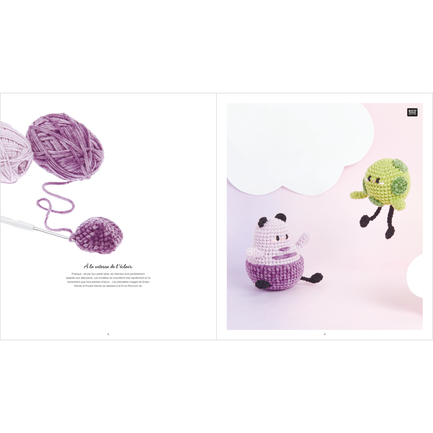 Ricorumi Rainbow Weirdos: Zwei gehäkelte Figuren in Lila und Grün von Rico Design auf rosa Hintergrund.