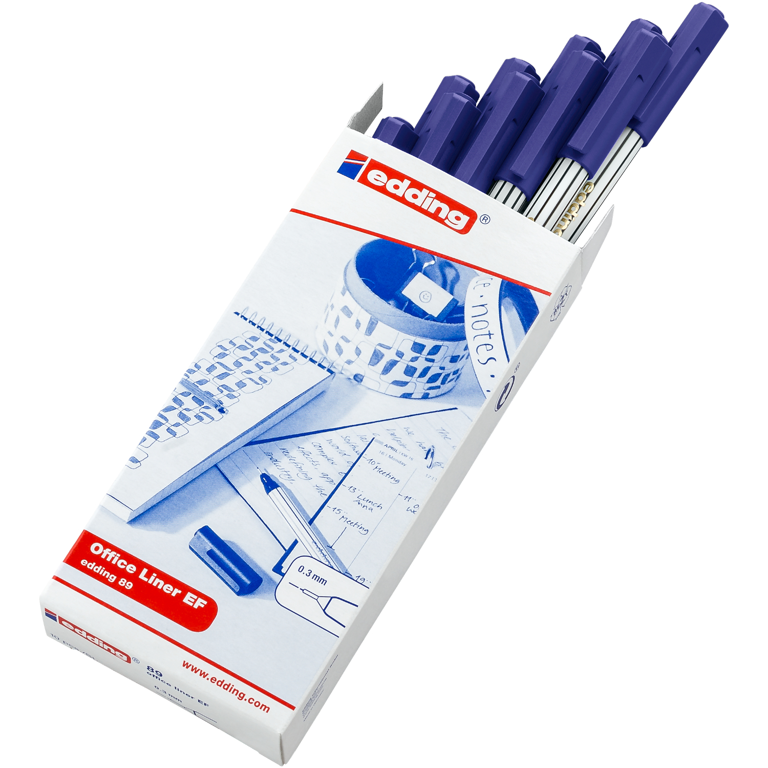 89 office liner EF 0,3mm: Eine geöffnete Packung mit blauen Stiften der Marke edding, ideal für präzises Schreiben.