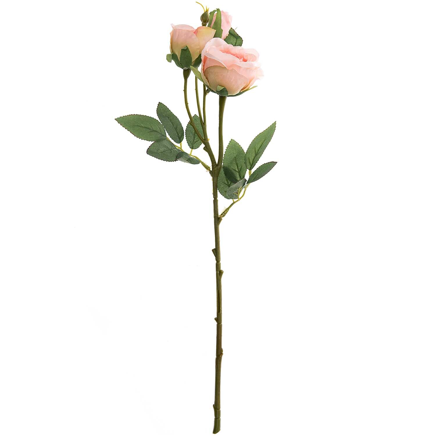 Rose mit 3 Blüten rosé 44cm: Zarte roséfarbene Rosenblüten mit grünen Blättern, ideal für Dekorationen.
