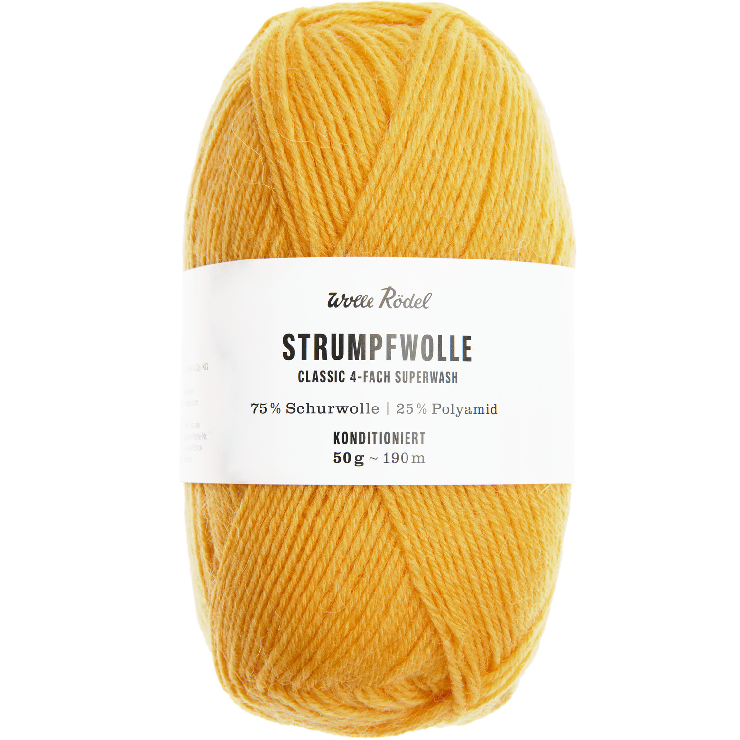 Strumpfwolle Classic 4fädig in Gelb, 50g 190m, von Wolle Rödel, ideal für Sockenprojekte.