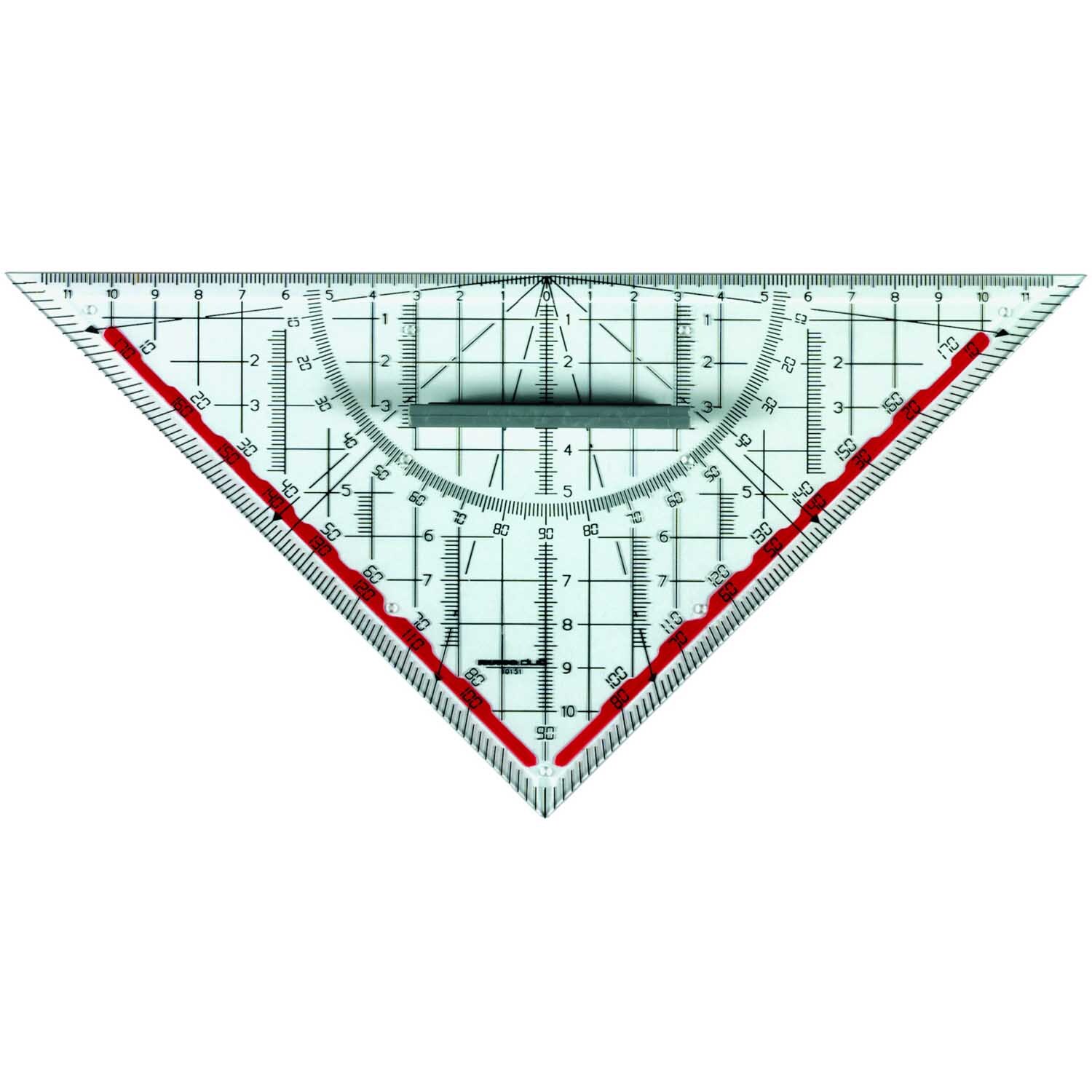 Technisches Zeichendreieck 25cm mit präzisen Skalen und rotem Akzent, ideal für exakte Messungen.